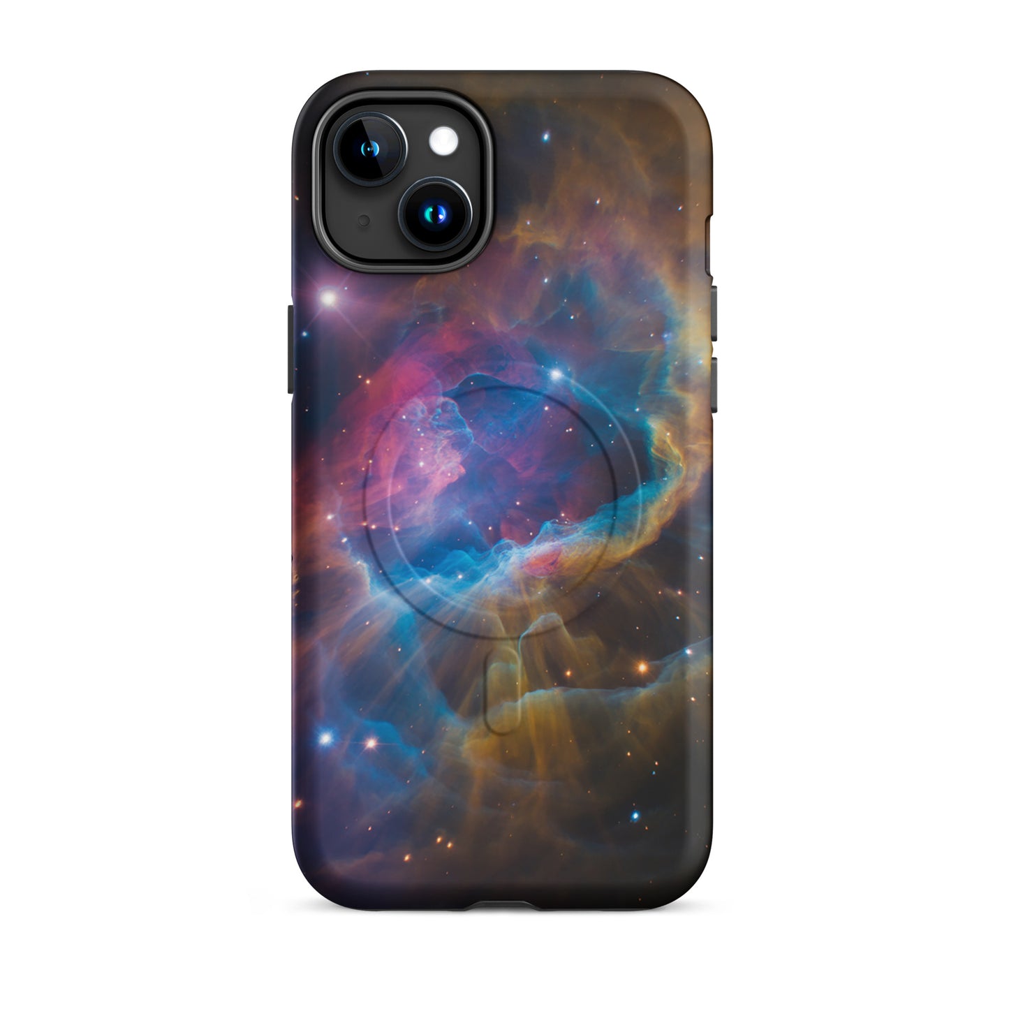 Magnetic Phone Case for iPhone with cosmic nebula design featuring electric blues, fiery oranges, and dreamy pinks.