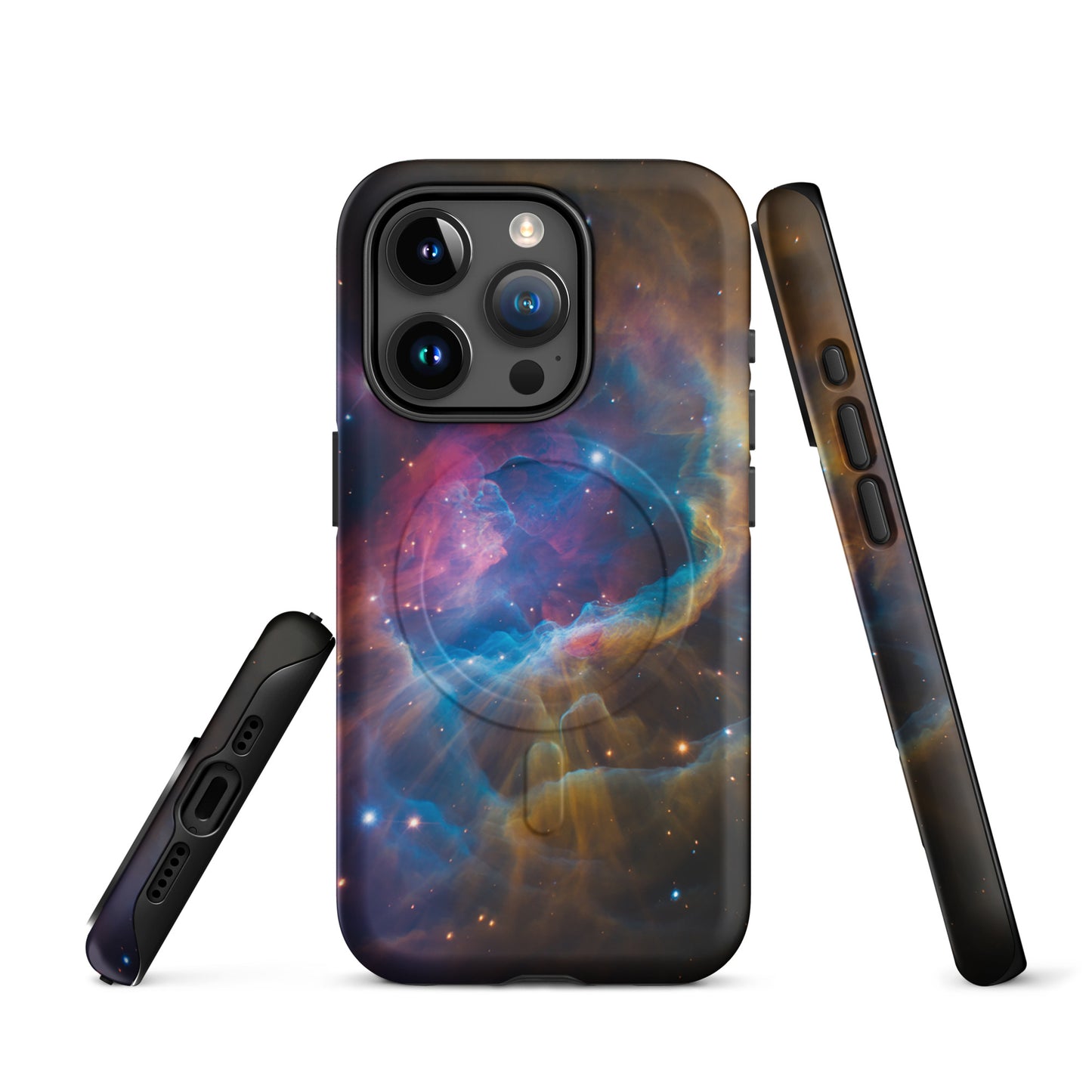 Magnetic Phone Case for iPhone with nebula design featuring vibrant blues and oranges creating a cosmic dreamscape starburst.