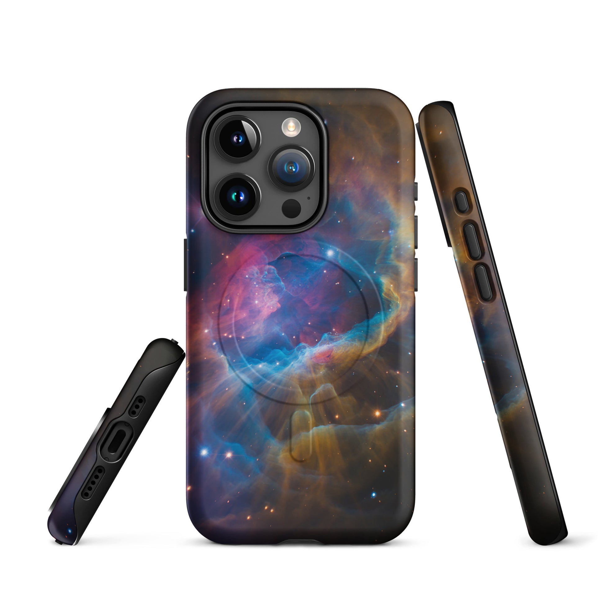 Magnetic Phone Case for iPhone with nebula design featuring vibrant blues and oranges creating a cosmic dreamscape starburst.