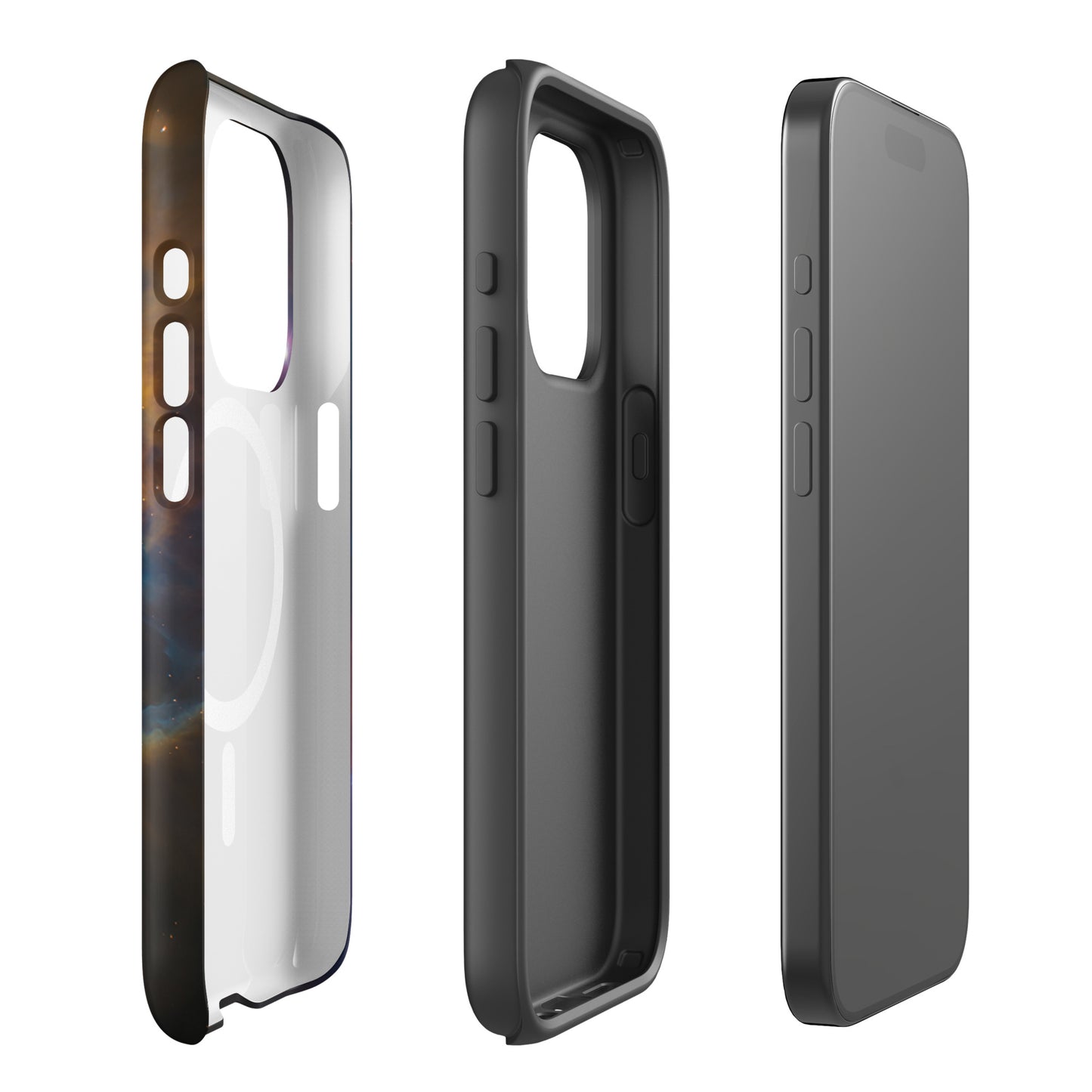 Magnetic Phone Case for iPhone with cosmic nebula design, showcasing electric blues and fiery oranges, side and back views displayed.