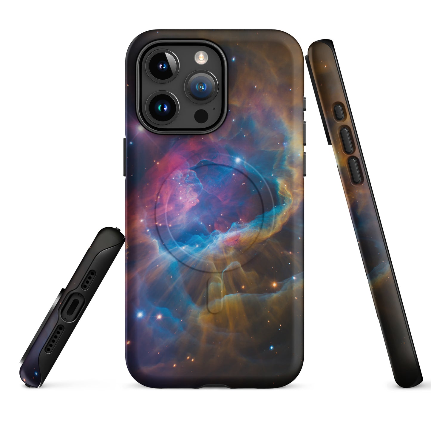 Magnetic Phone Case for iPhone featuring Nebula Cosmic Dreamscape Starburst design in electric blues and fiery oranges.