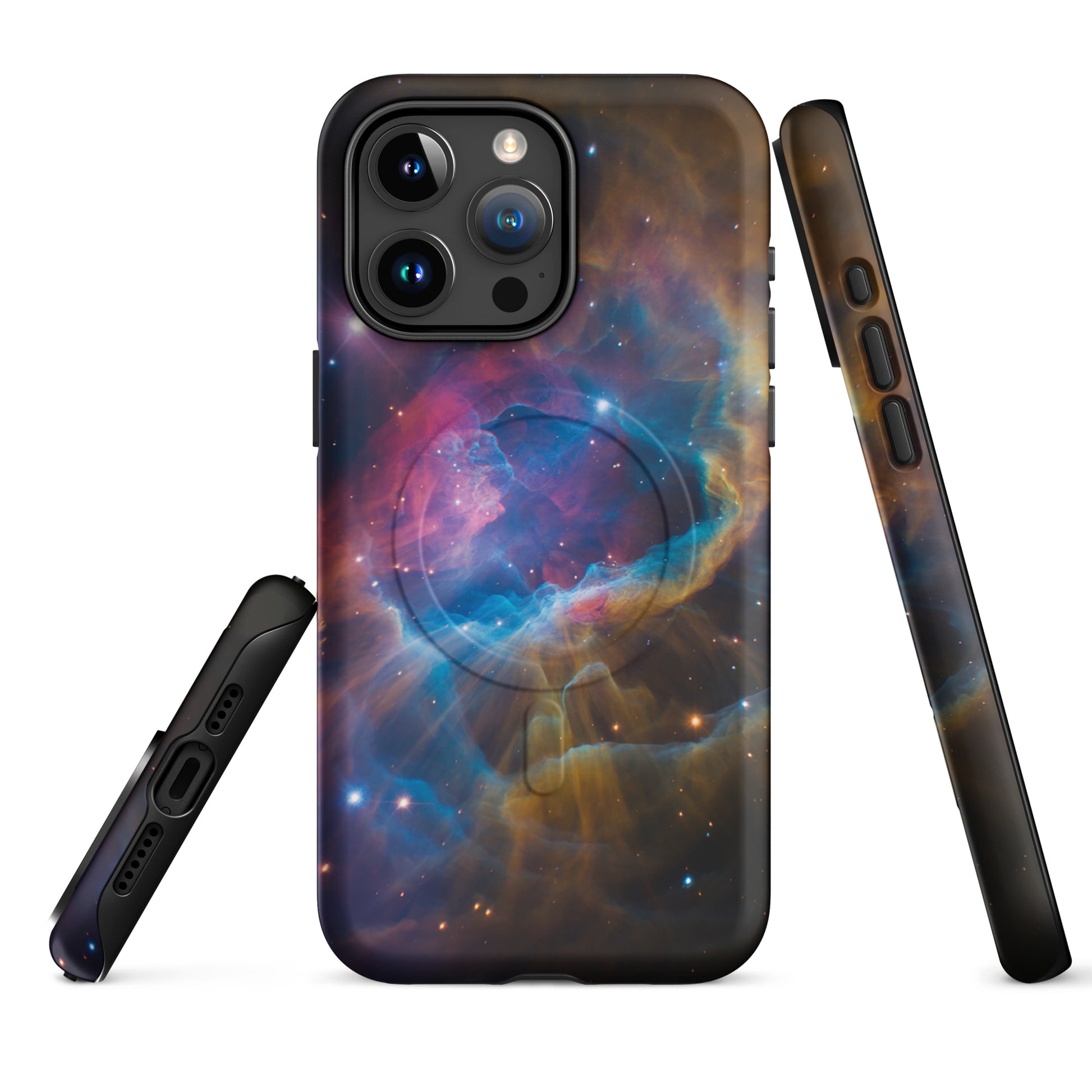 Magnetic Phone Case for iPhone featuring Nebula Cosmic Dreamscape Starburst design in electric blues and fiery oranges.
