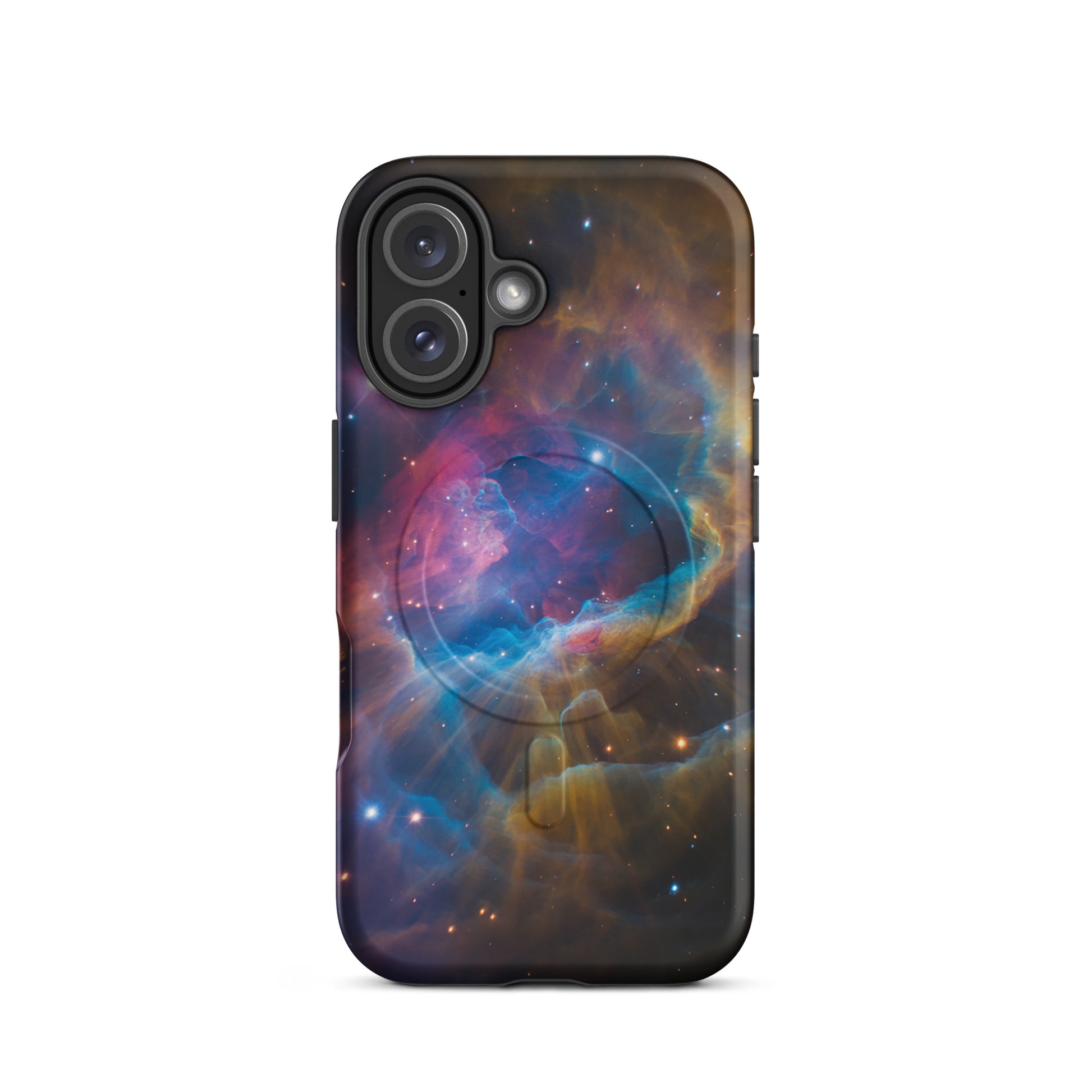 Magnetic Phone Case for iPhone with nebula design featuring electric blues, fiery oranges, and pinks, cosmic dreamscape theme.