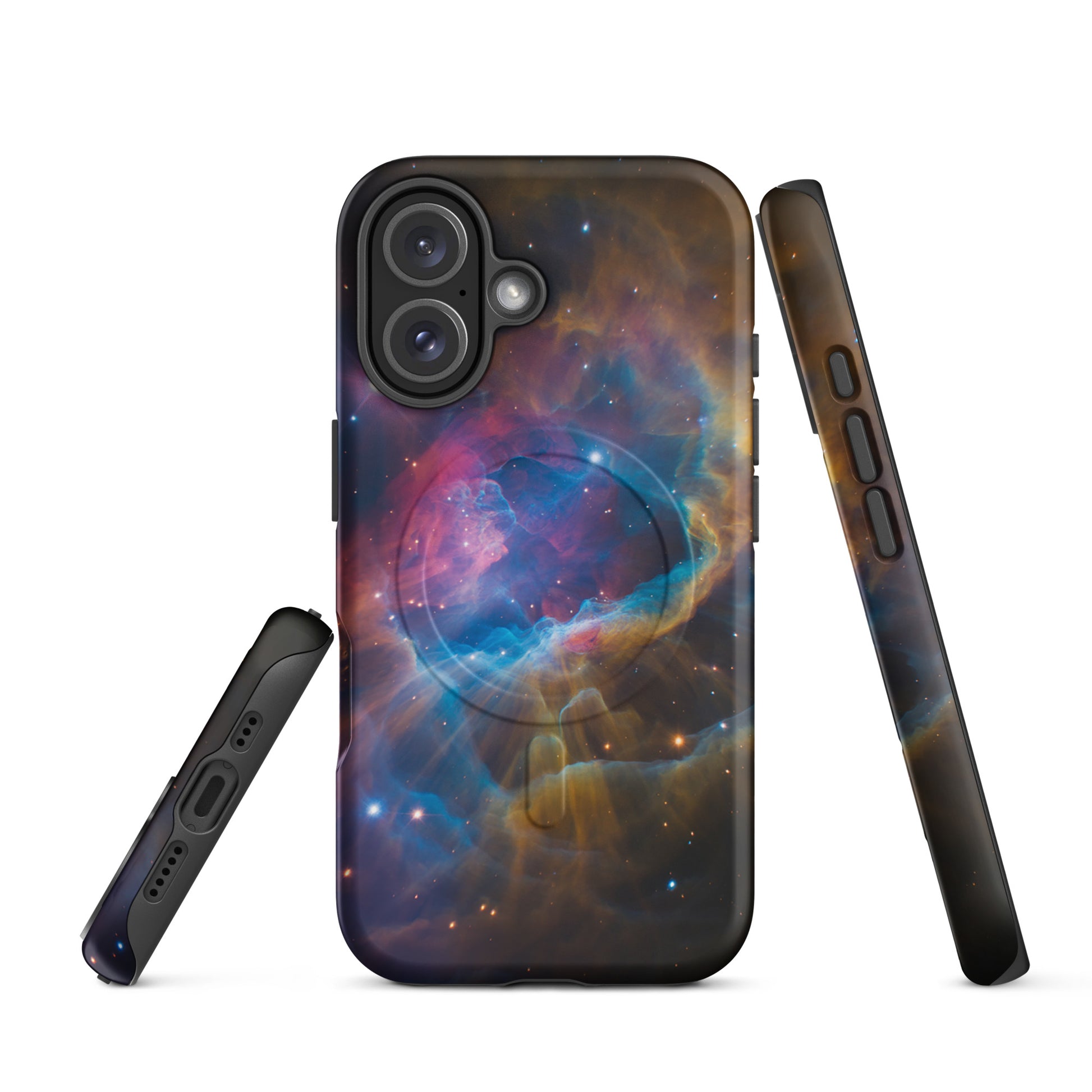 Magnetic Phone Case for iPhone with nebula cosmic design featuring electric blues, fiery oranges, and pinks