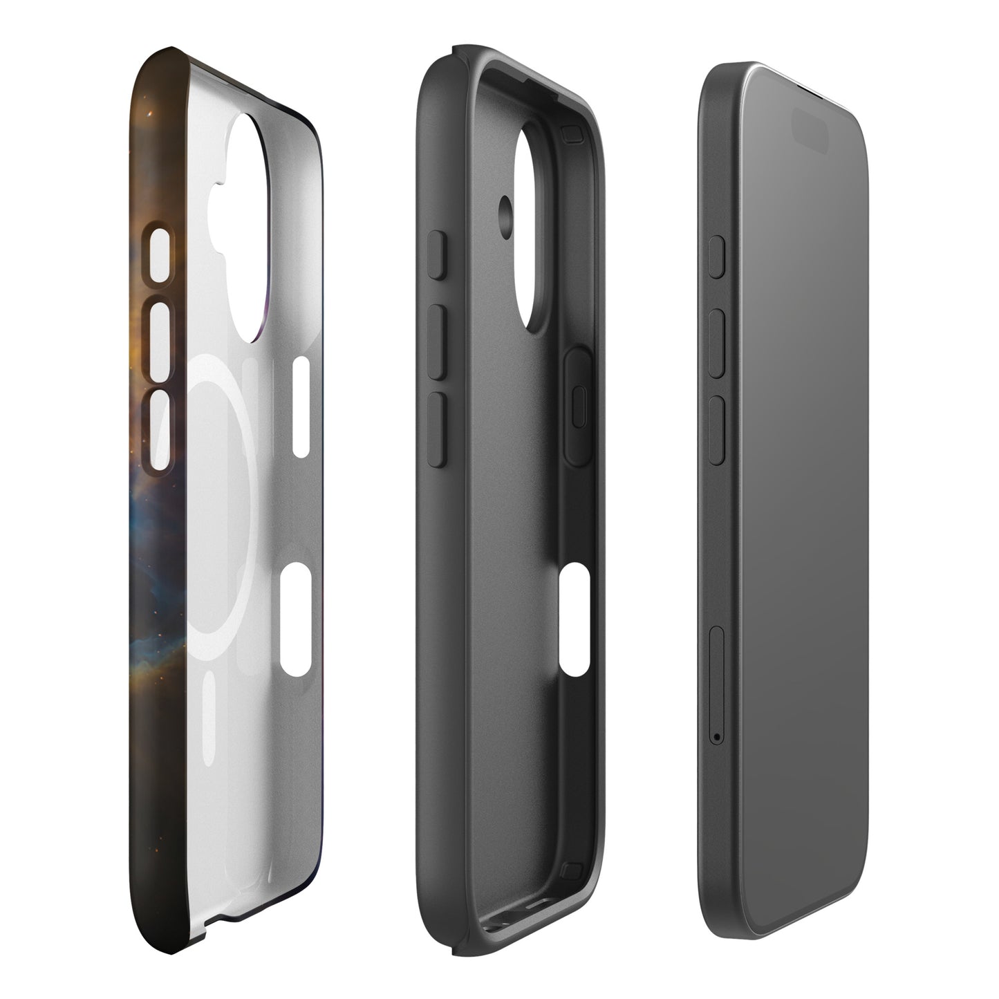 Magnetic Phone Case for iPhone with nebula design, offering cosmic protection and style, showing multiple views including buttons and back.