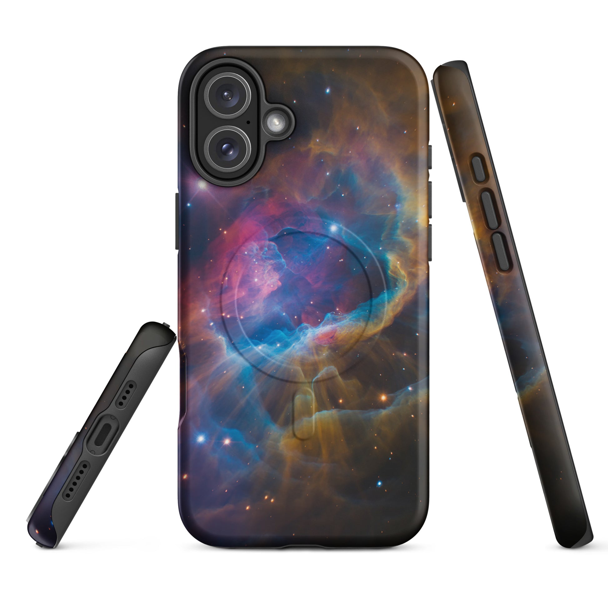 Magnetic Phone Case with nebula design featuring electric blues and fiery oranges on iPhone, cosmic dreamscape accessory.