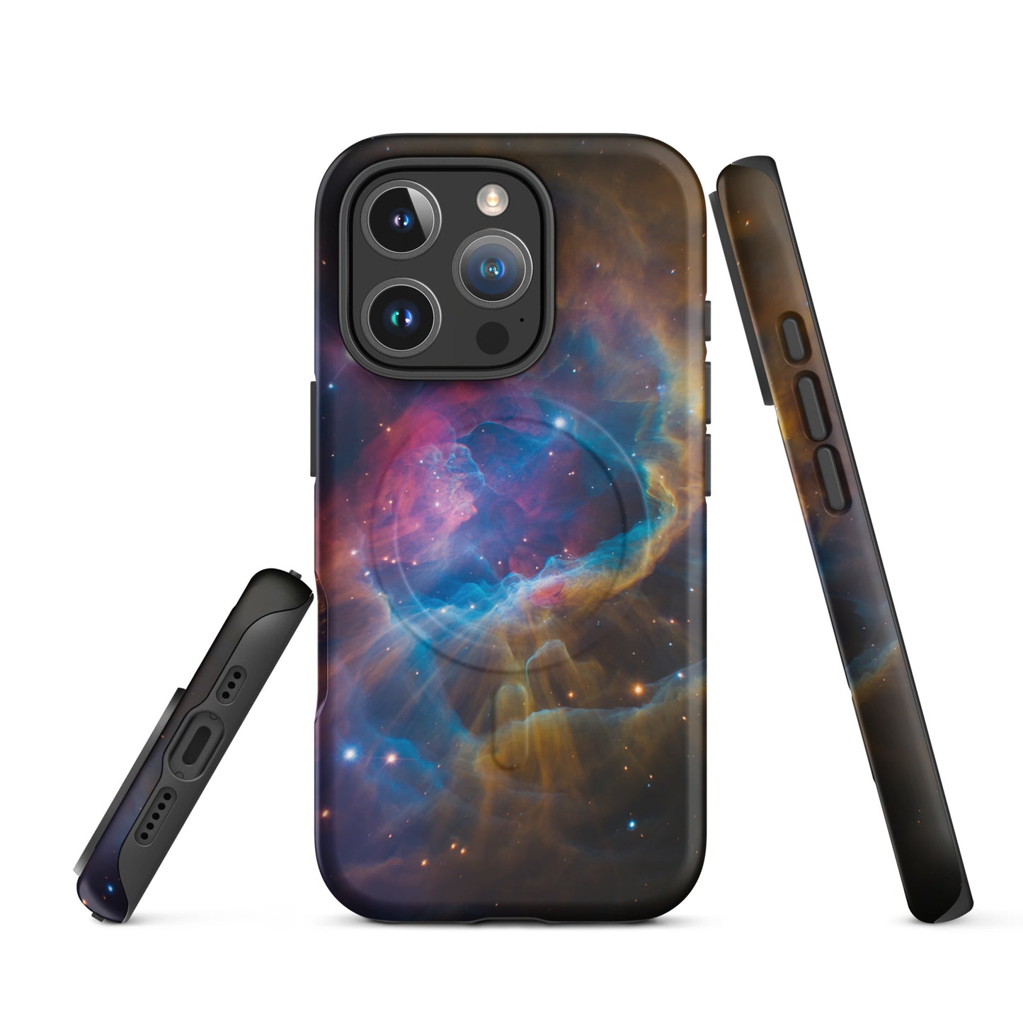 Magnetic Phone Case for iPhone with cosmic nebula design in blues, oranges, and pinks; a bold accessory for stargazers.