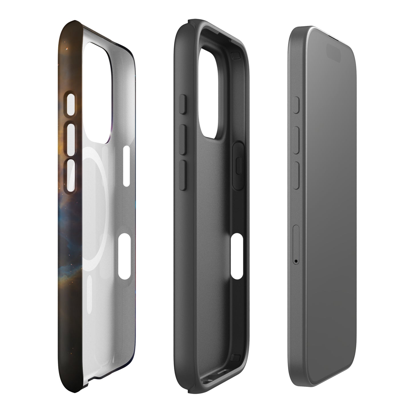 Magnetic Phone Case for iPhone featuring nebula design in cosmic colors, showcasing front, side, and back views.
