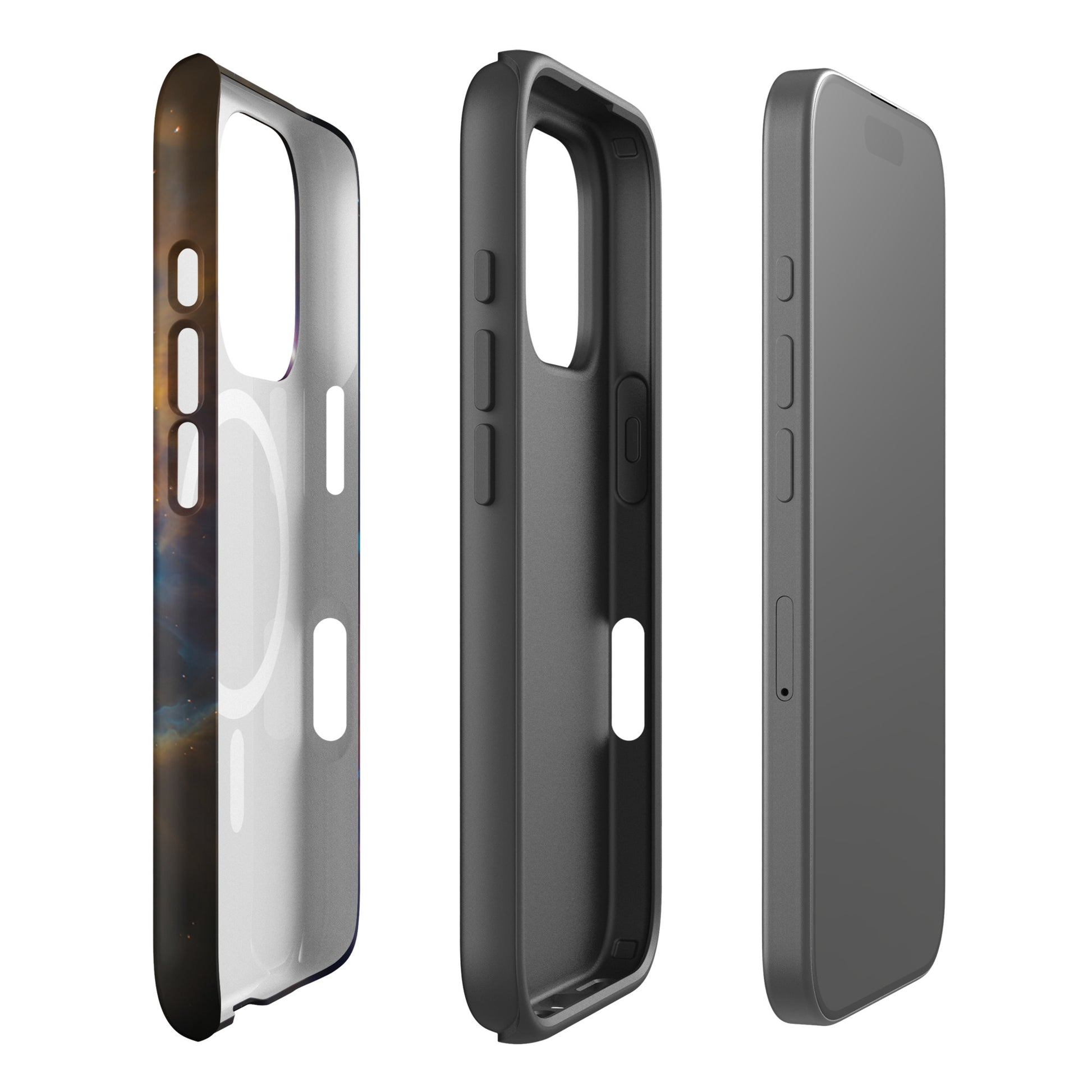 Magnetic Phone Case for iPhone featuring nebula design in cosmic colors, showcasing front, side, and back views.