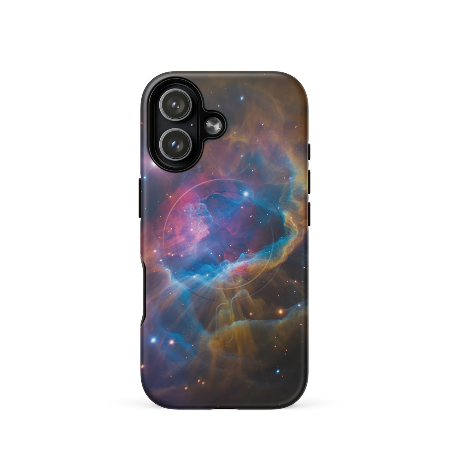 Magnetic Phone Case for iPhone featuring a nebula design with electric blues, fiery oranges, and dreamy pinks in a cosmic starburst theme.