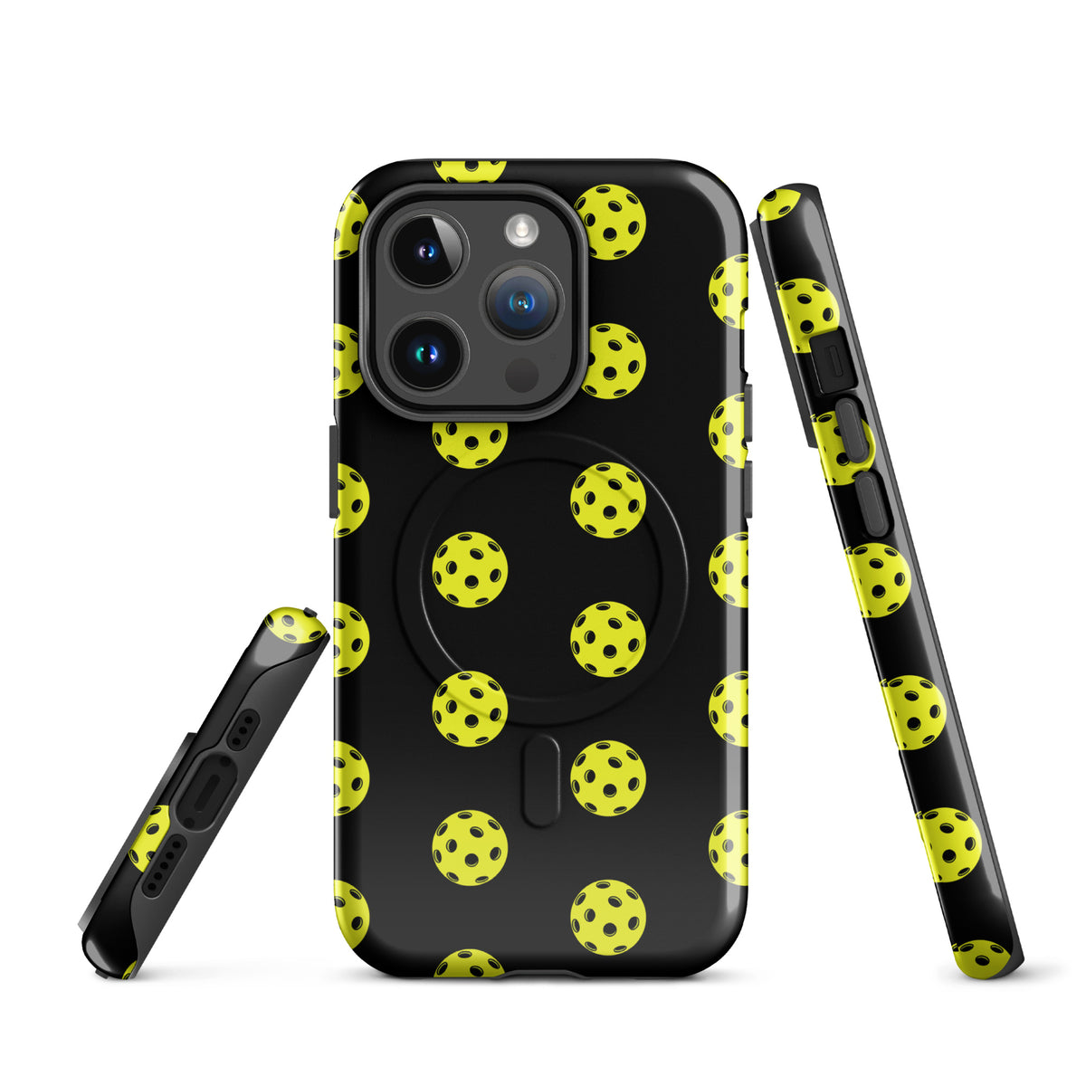 Magnetic Phone Case with pickleball pattern for iPhone, sporty black and yellow design for protection and style.