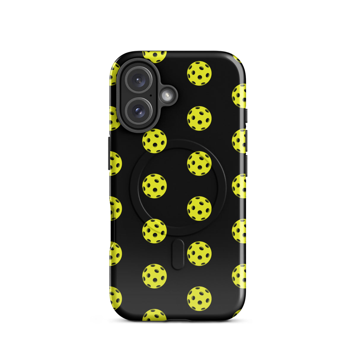 Magnetic Phone Case for iPhone with pickleball pattern, sporty stylish design, premium protection, perforated yellow ball graphic.