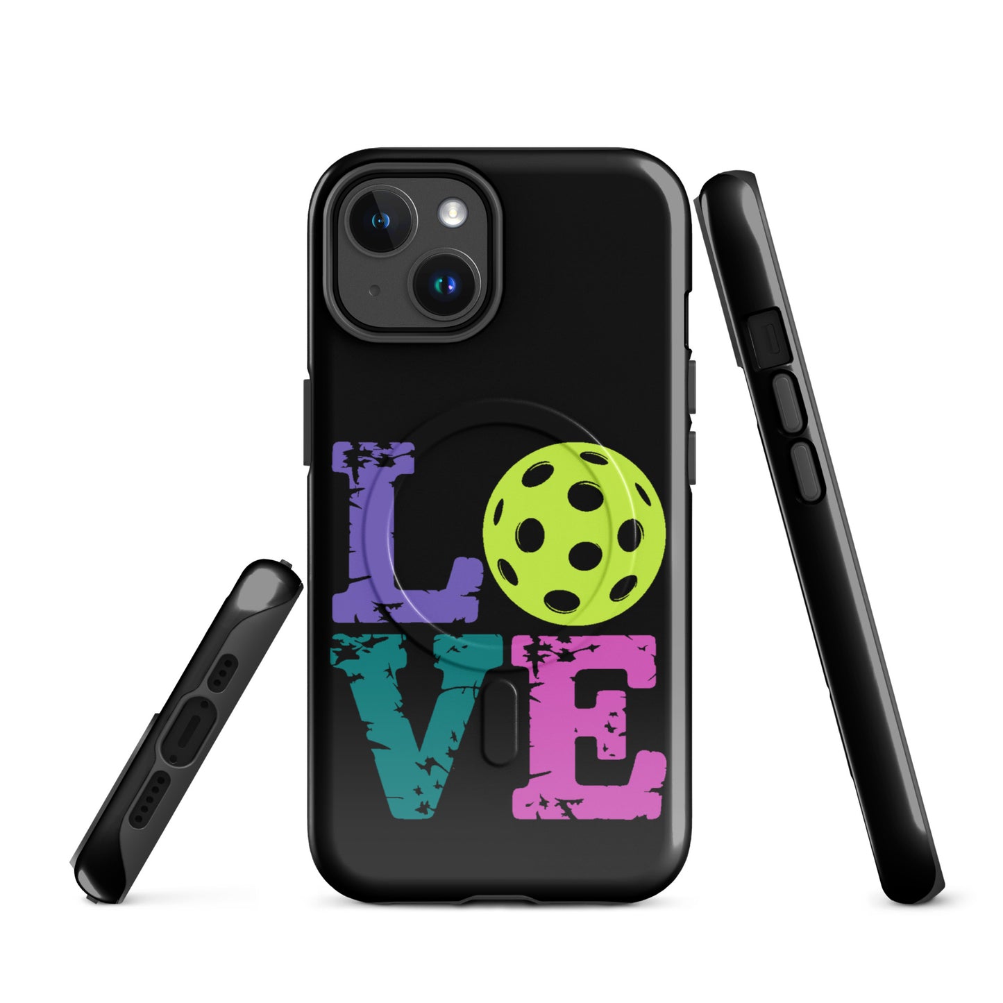 Magnetic Phone Case featuring colorful LOVE design with a pickleball, perfect for pickleball fans and iPhone users.