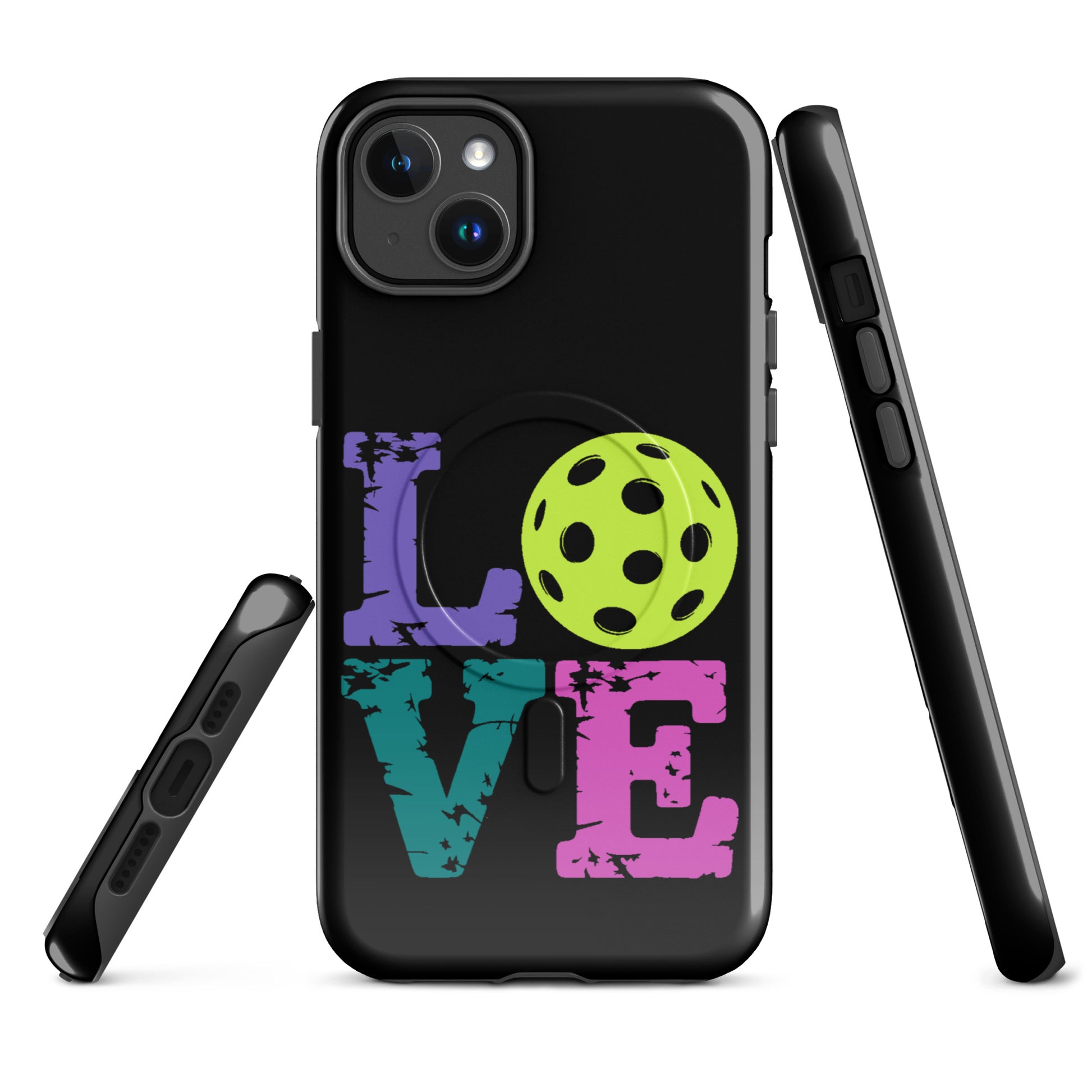 Magnetic Phone Case for iPhone with LOVE design and pickleball accent, perfect for pickleball fans.