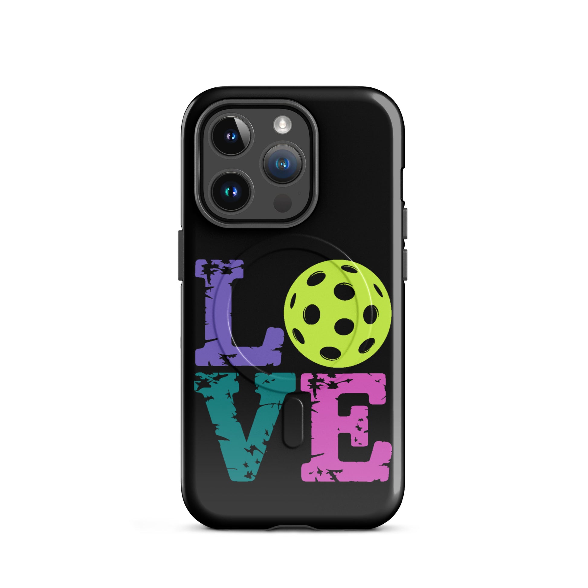Magnetic Phone Case with LOVE text design featuring pickleball for iPhone, ideal for pickleball fans.