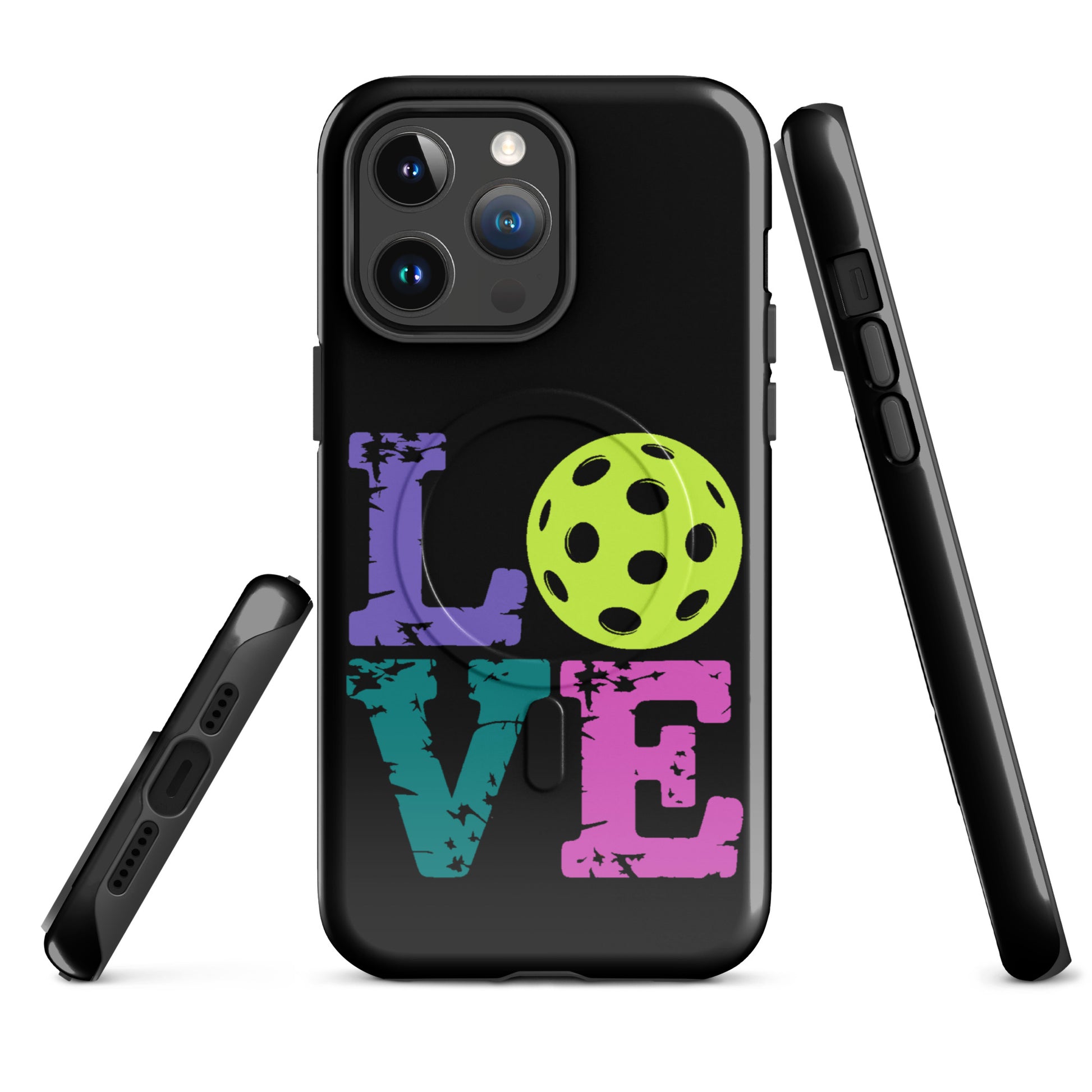 Magnetic Phone Case for iPhone with colorful LOVE design featuring pickleball for fans.