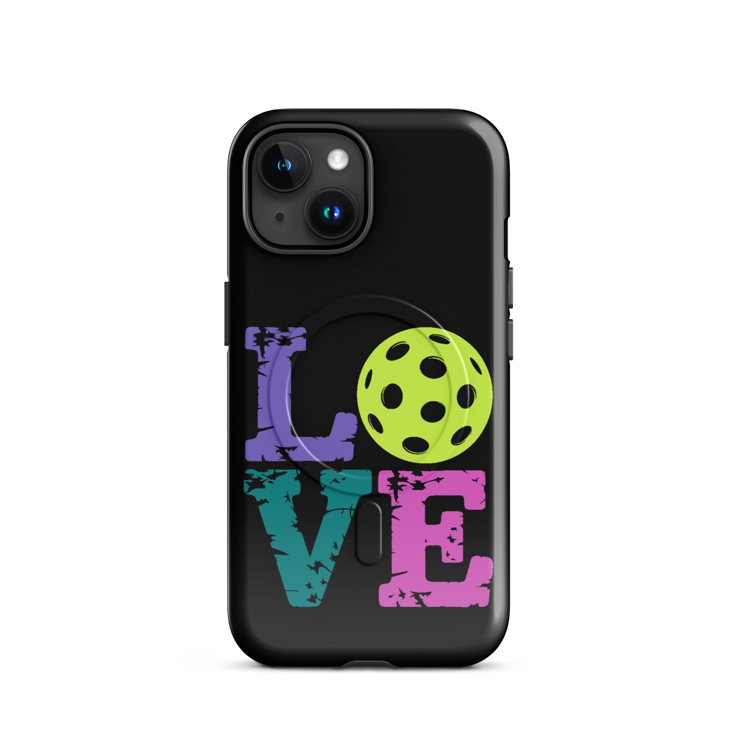 Magnetic Phone Case with pickleball LOVE design for iPhone fans, featuring vibrant colors and fun detail for pickleball enthusiasts.