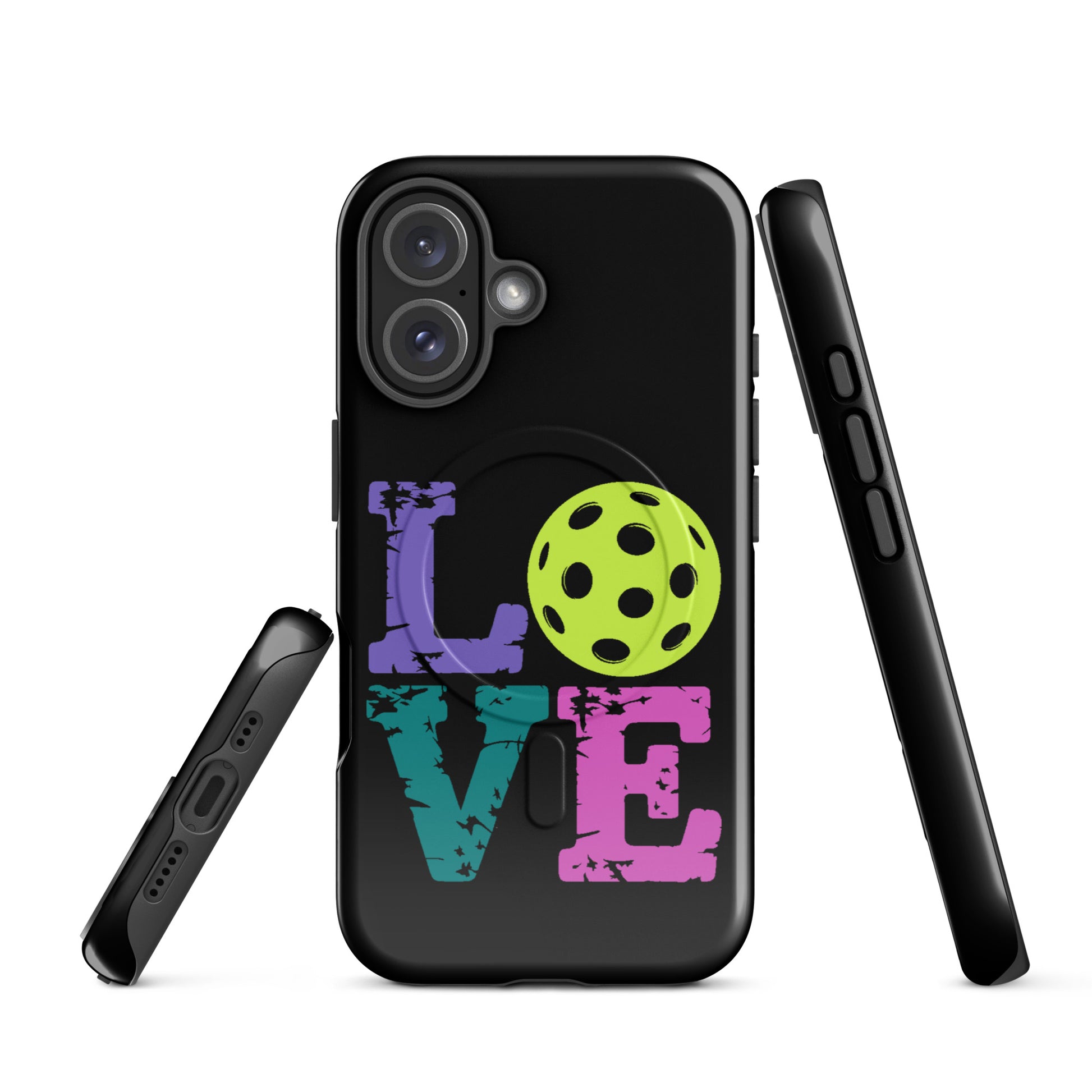 Magnetic Phone Case with LOVE design featuring a pickleball for iPhone, perfect for pickleball enthusiasts.