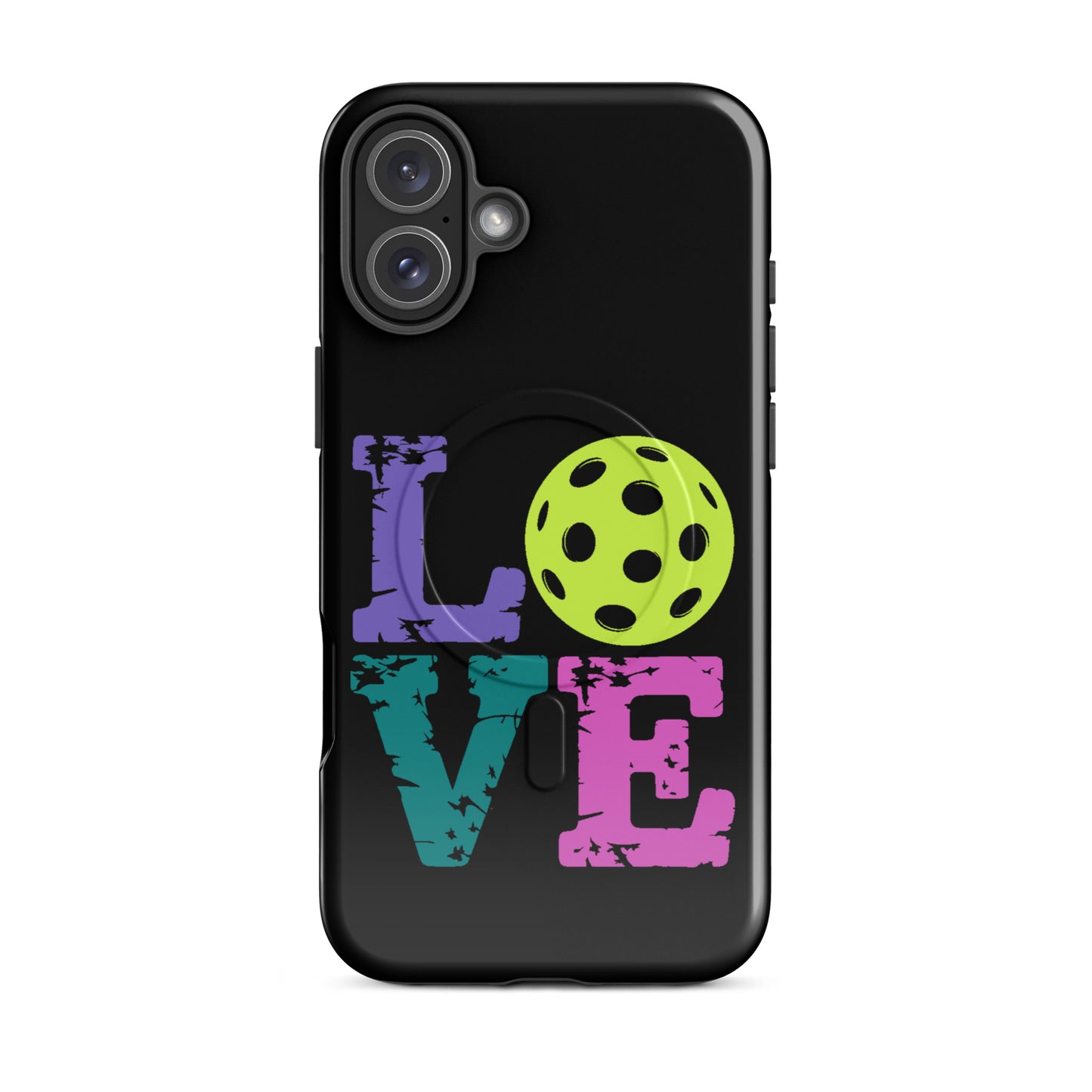 Magnetic Phone Case for iPhone with LOVE design featuring a pickleball, perfect for fans of the sport.