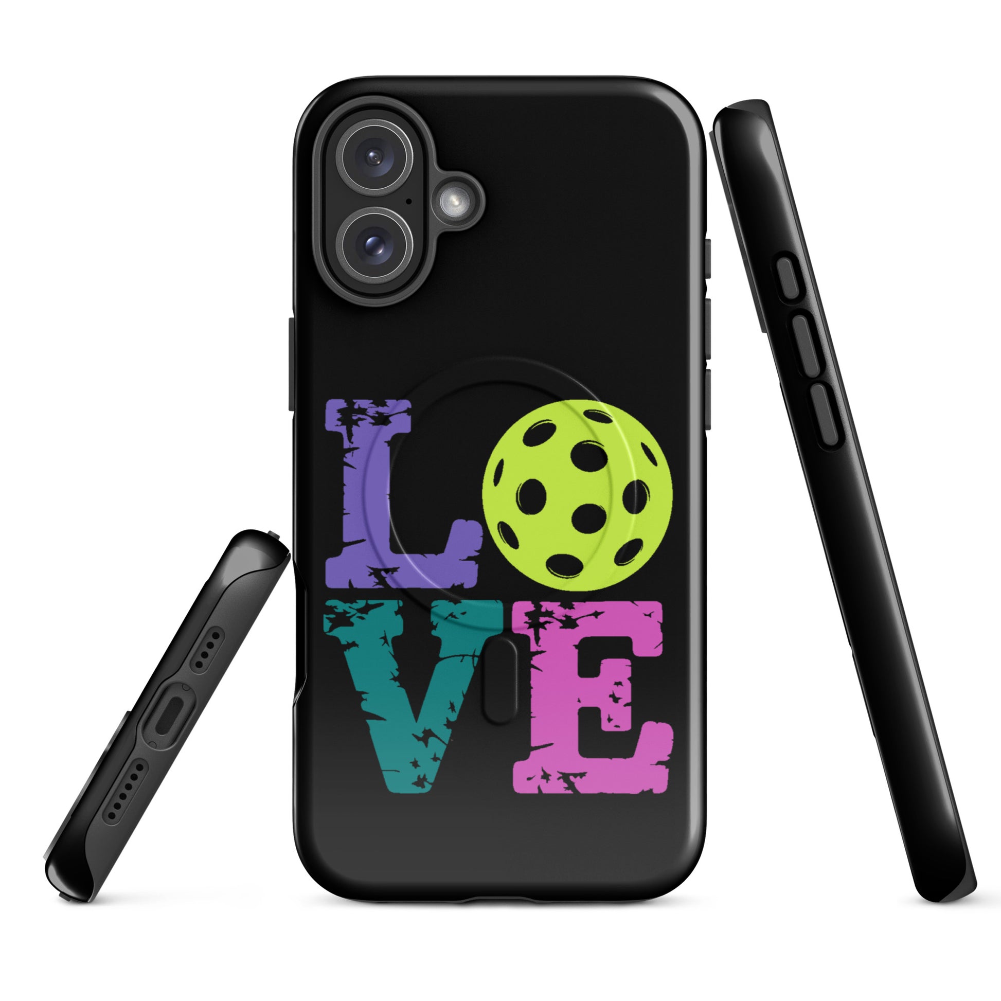 Magnetic Phone Case with pickleball-themed LOVE design, perfect for pickleball enthusiasts, compatible with iPhone models.