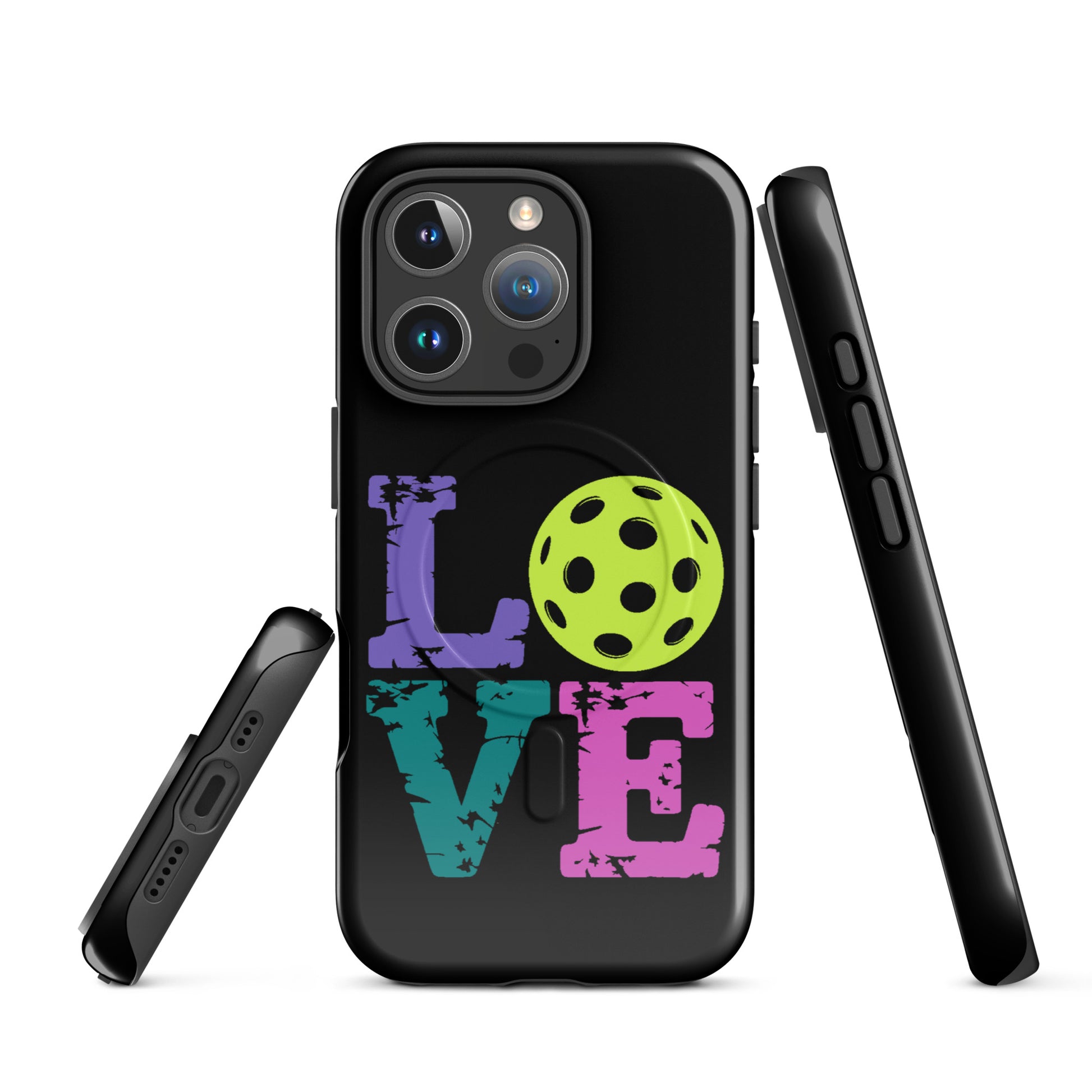 Magnetic Phone Case for iPhone with LOVE and pickleball design for pickleball fans.