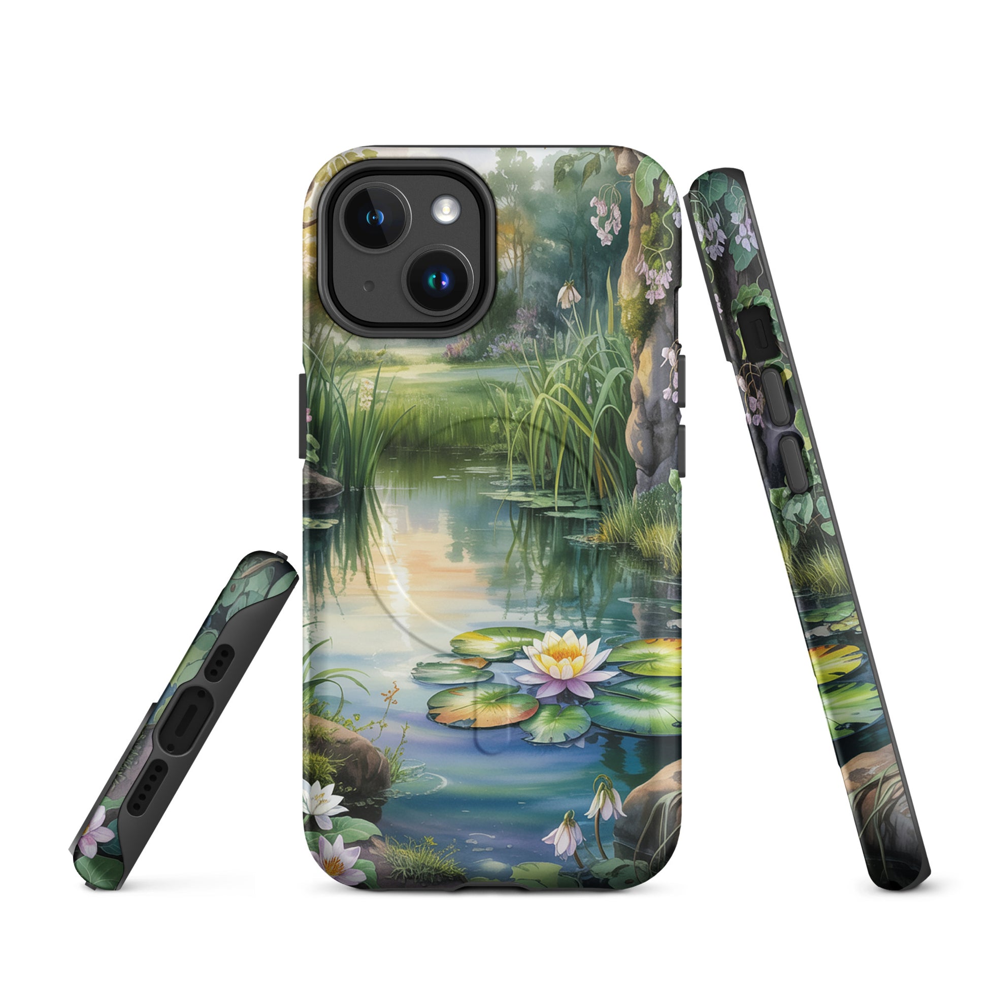 Magnetic Phone Case for iPhone with enchanted pond design featuring water lilies and lush greenery, bringing storybook charm to your device.
