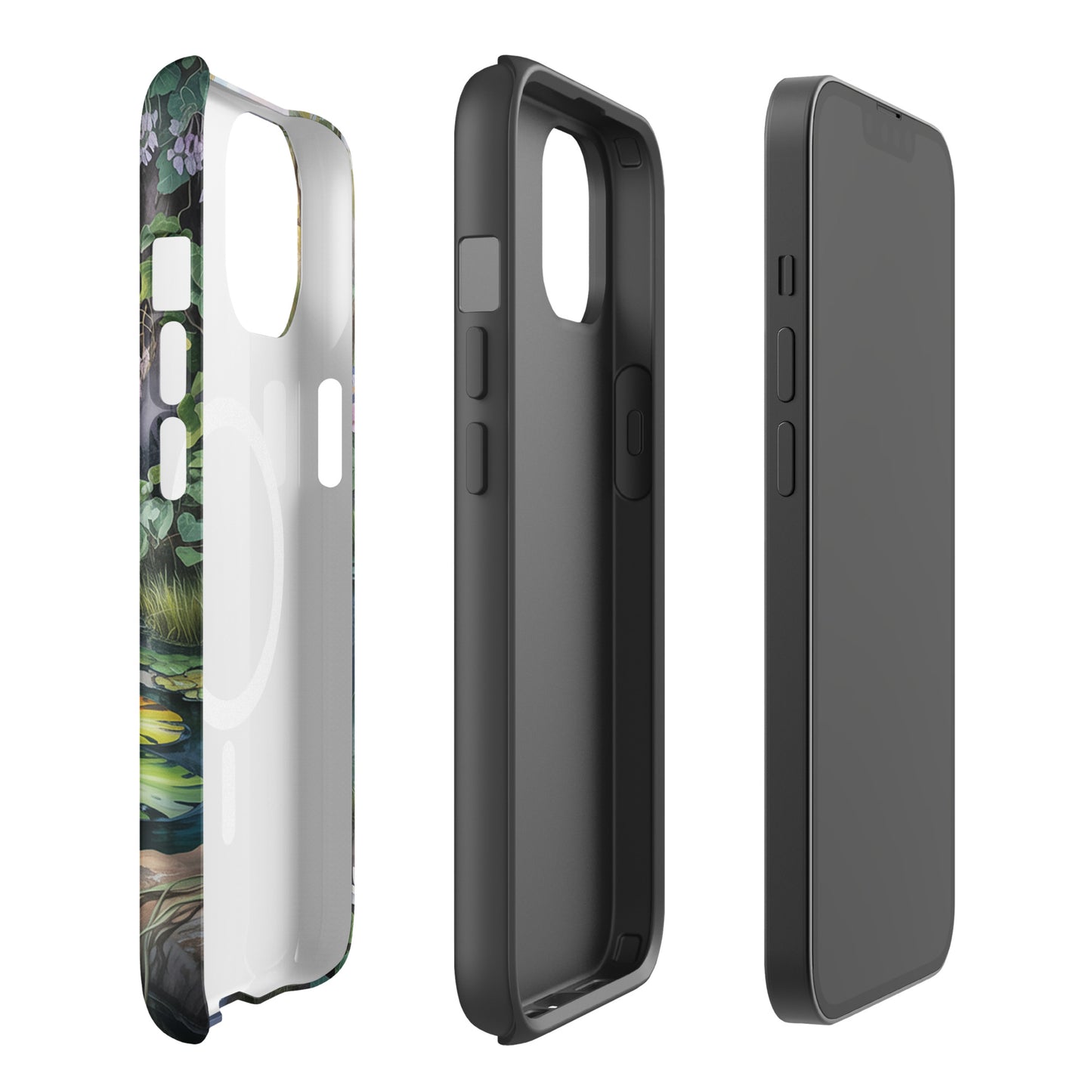 Magnetic Phone Case for iPhone with enchanted pond design, showcasing lush greenery, wildflowers, and water lilies in a storybook setting.