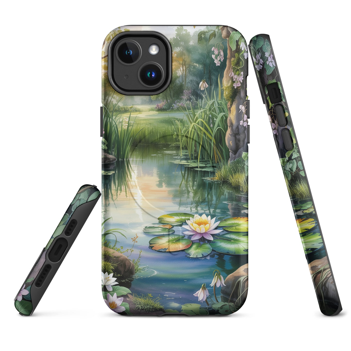 Magnetic Phone Case with an enchanted pond design featuring water lilies and lush greenery, perfect for iPhone users.