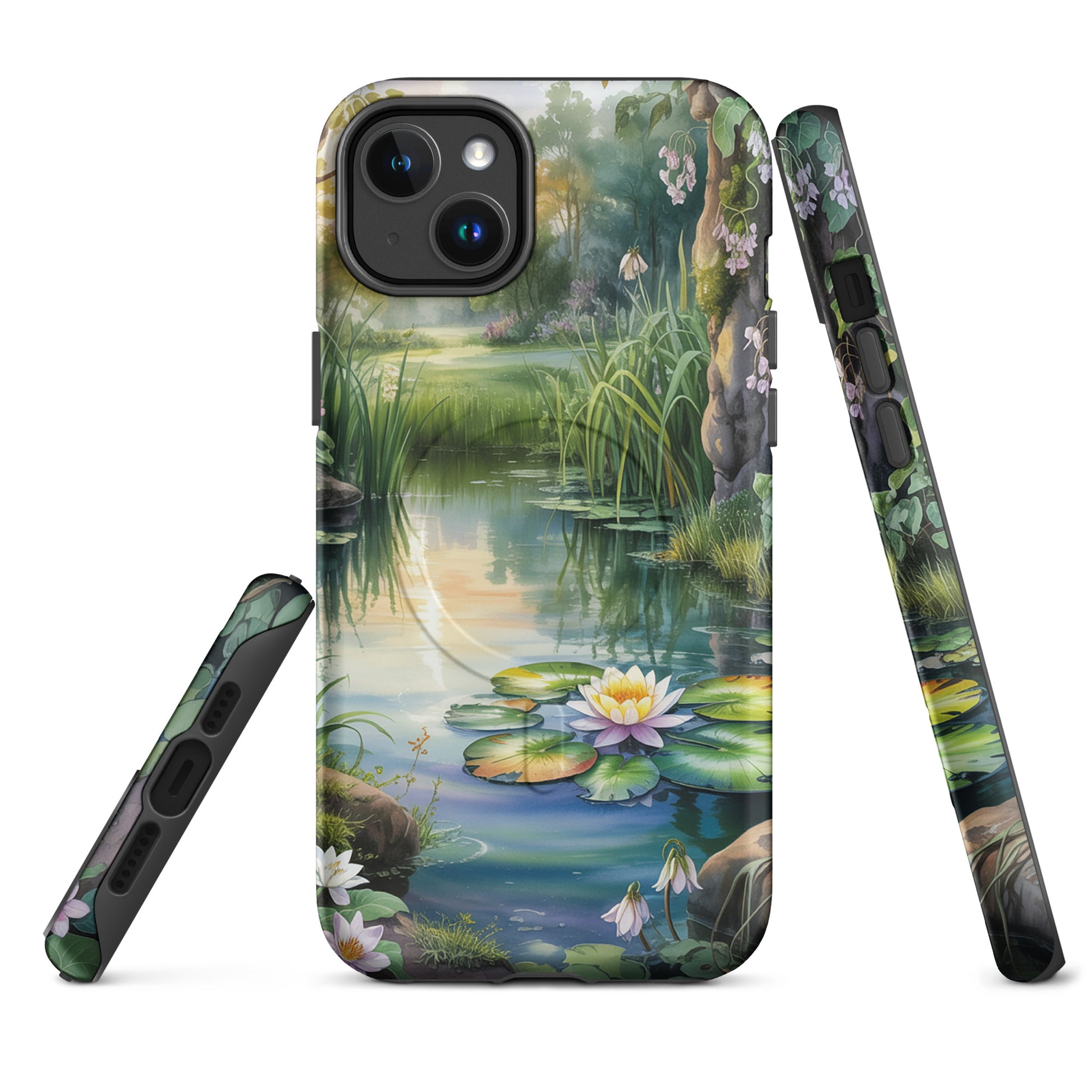 Magnetic Phone Case with an enchanted pond design featuring water lilies and lush greenery, perfect for iPhone users.