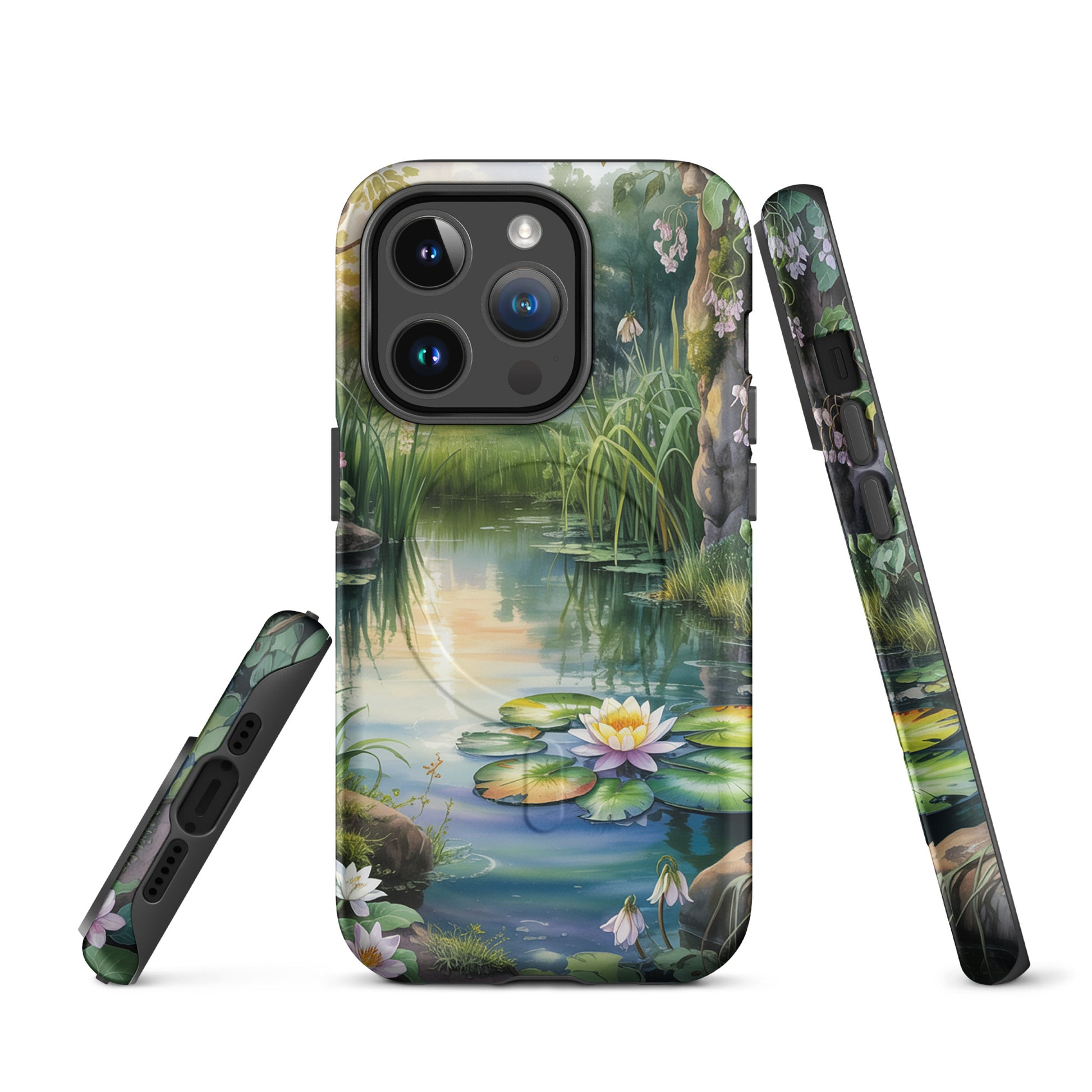 Magnetic Phone Case for iPhone featuring a tranquil pond with water lilies and lush greenery in a storybook charm design.