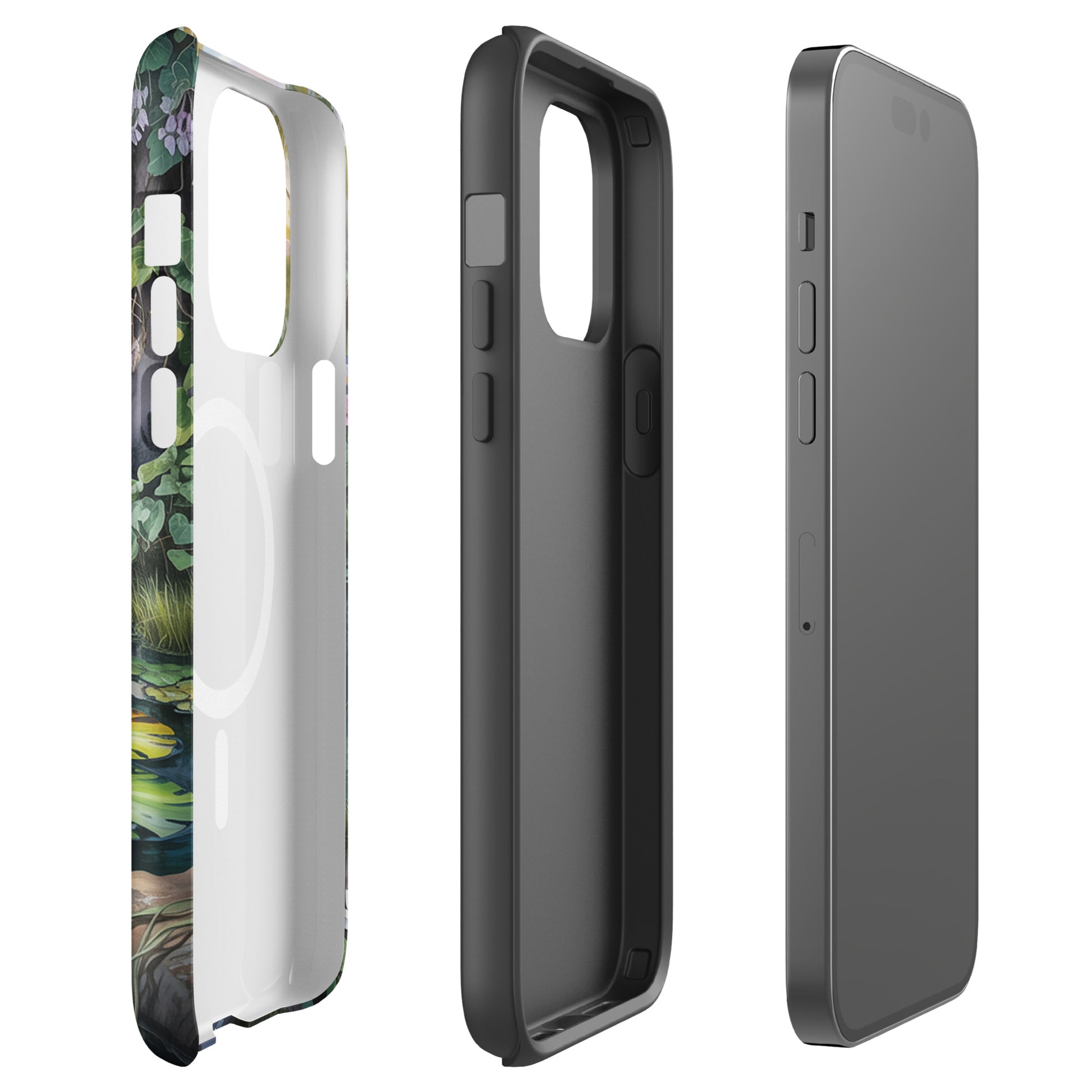 Magnetic Phone Case for iPhone with enchanted pond design in three views: inner, side, and back showcasing lush greenery and water lilies.