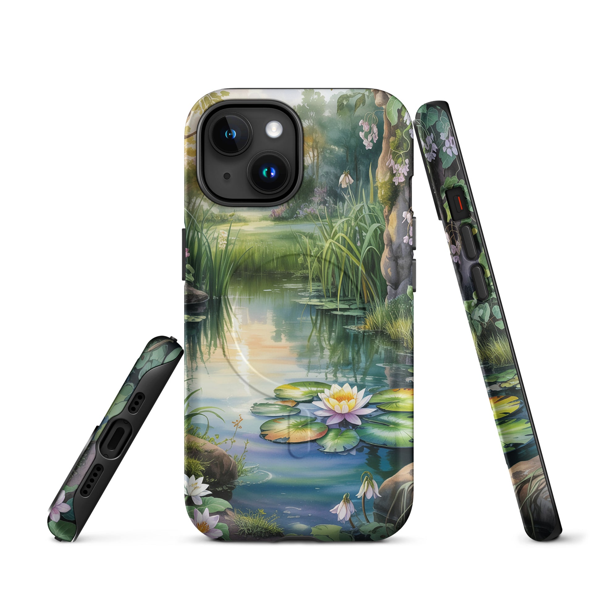 Magnetic Phone Case for iPhone featuring enchanted pond design with water lilies, lush greenery, and sunset reflections.