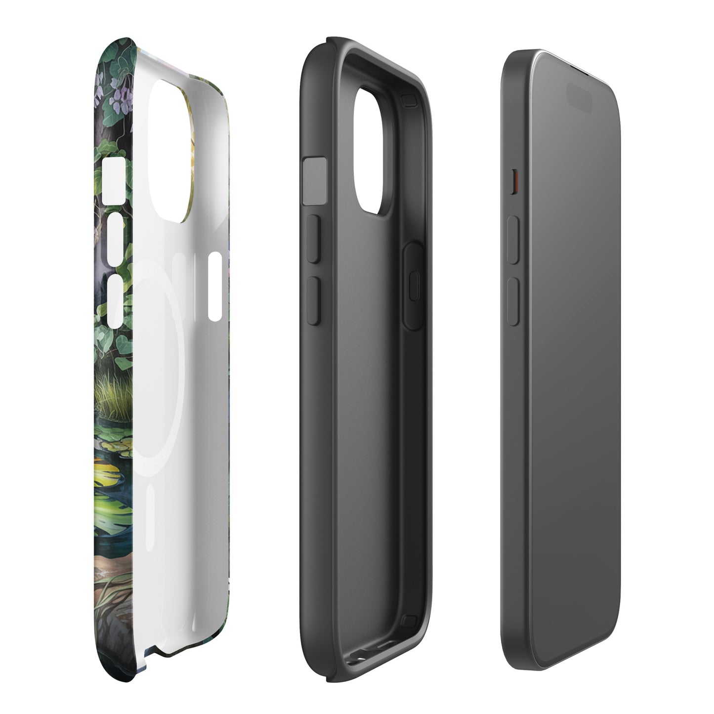 Magnetic Phone Case for iPhone featuring Enchanted Pond design with lilies and sunset reflection, lush greenery, and wildflowers.