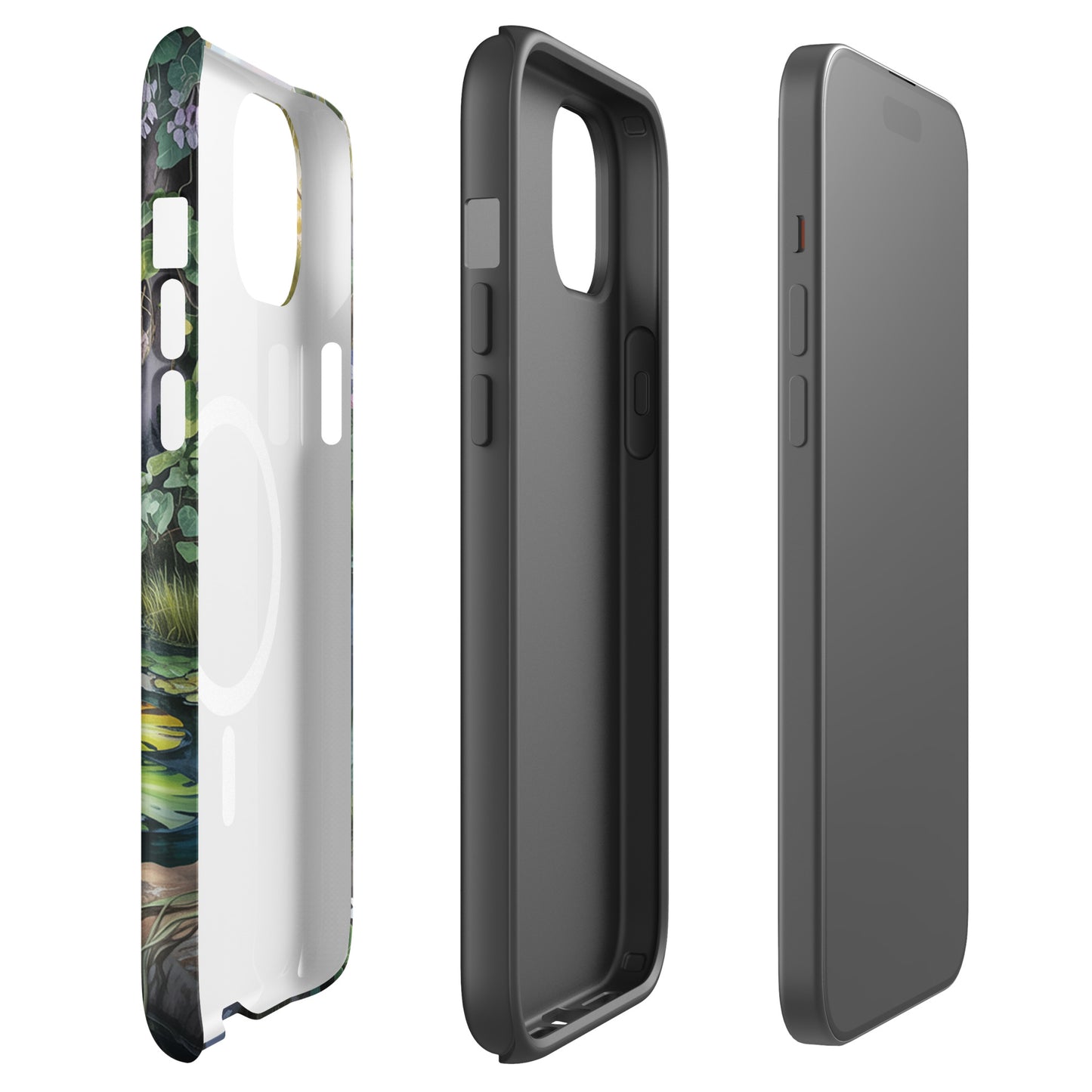 Magnetic Phone Case for iPhone with Enchanted Pond design, featuring tranquil water lilies and lush greenery, for a charming aesthetic.