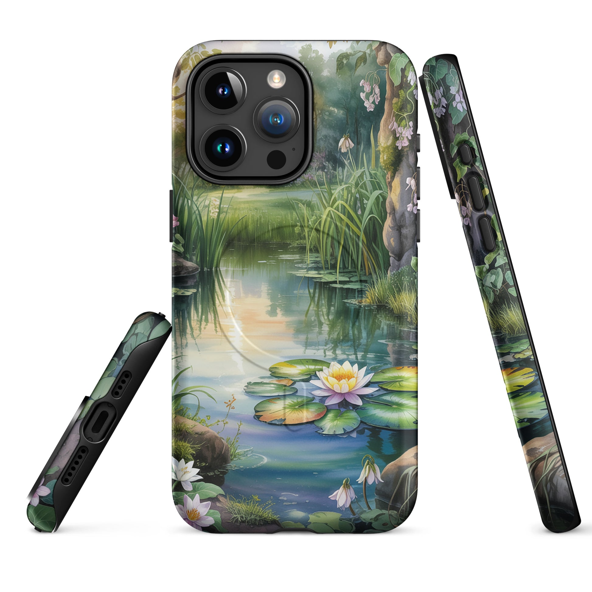 Magnetic Phone Case with enchanted pond design, featuring water lilies and lush greenery, for a peaceful and charming look.