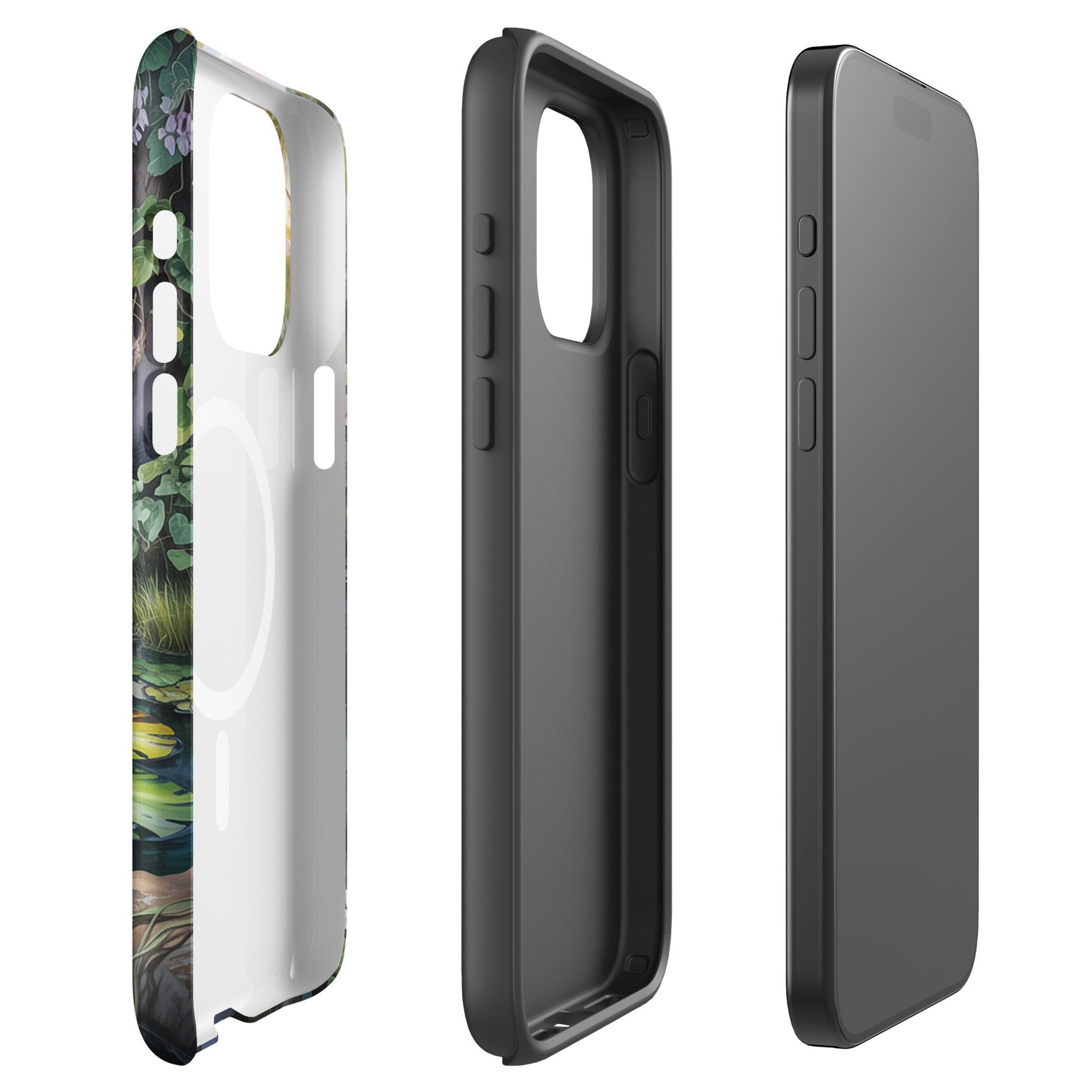 Magnetic Phone Case for iPhone Enchanted Pond design with scenic glowing pond, lush greenery, and water lilies; side and inner views shown.