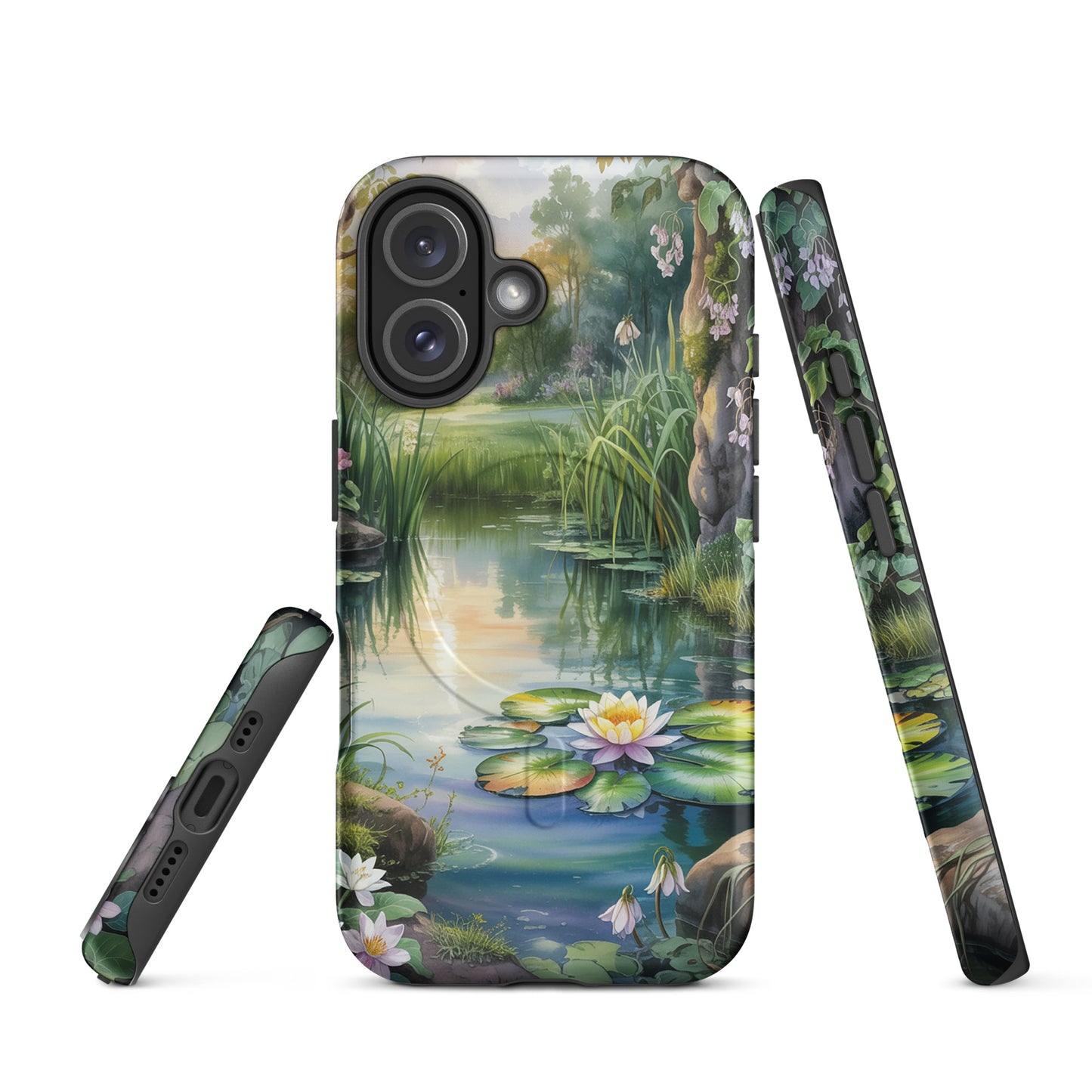 Magnetic Phone Case with Enchanted Pond design featuring lily-dotted pond and lush greenery for iPhone.