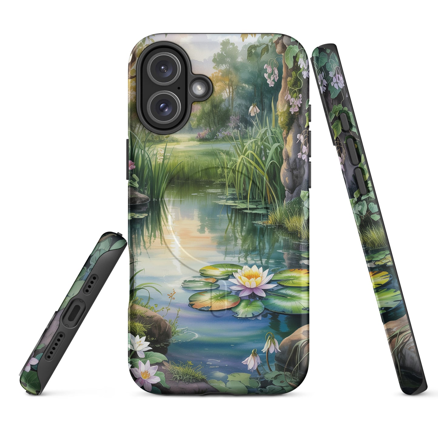 Magnetic Phone Case with enchanted pond design featuring glowing lily pond and lush greenery for iPhone.
