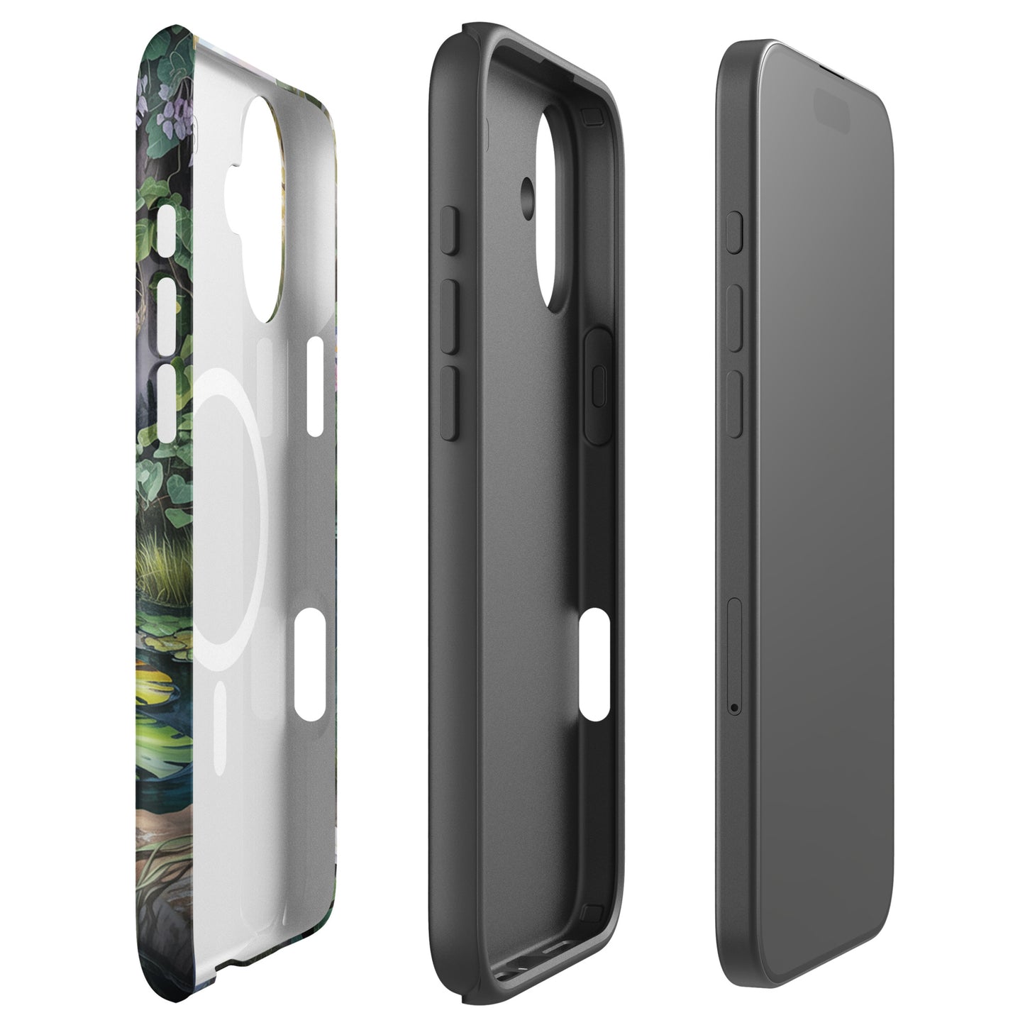 Magnetic Phone Case for iPhone with Enchanted Pond design featuring tranquil water lilies and lush greenery.