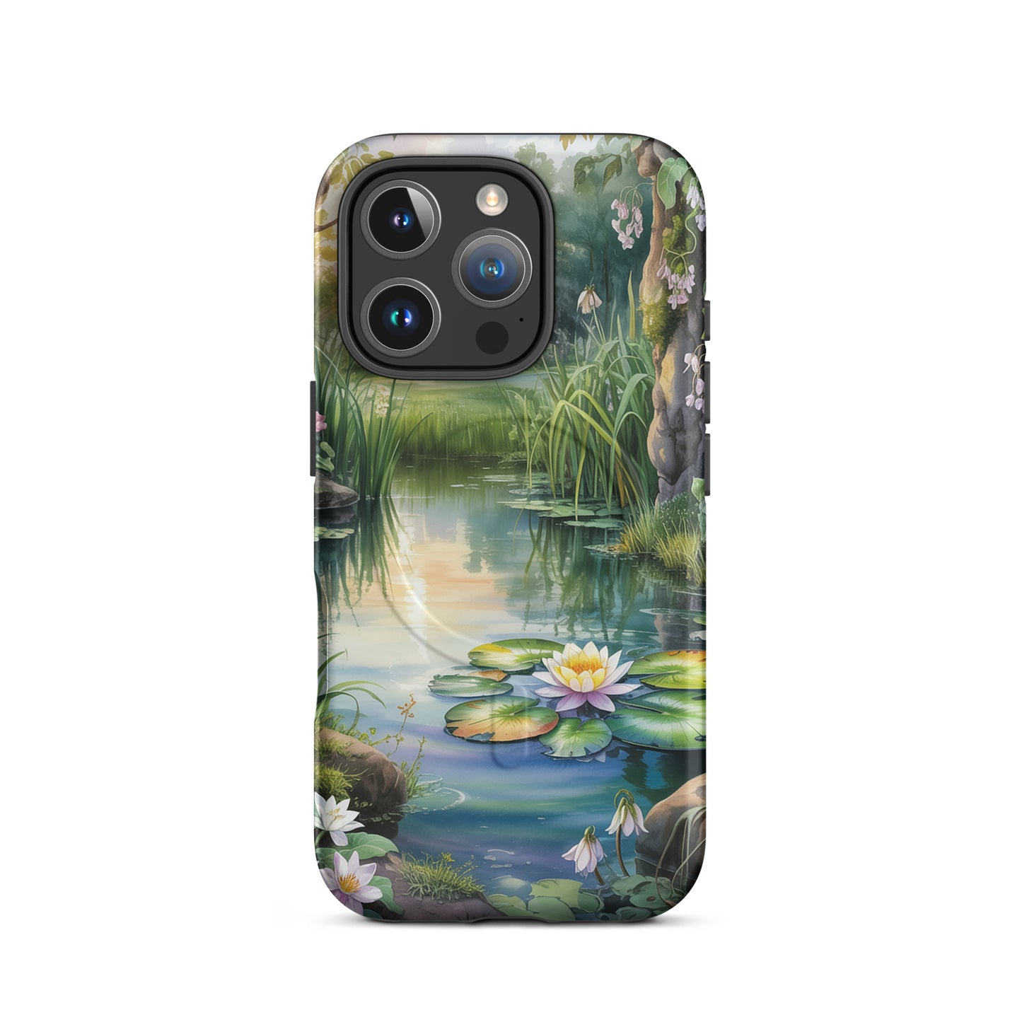 Magnetic Phone Case for iPhone featuring enchanted pond design with lily pads and wildflowers in tranquil sunset setting.