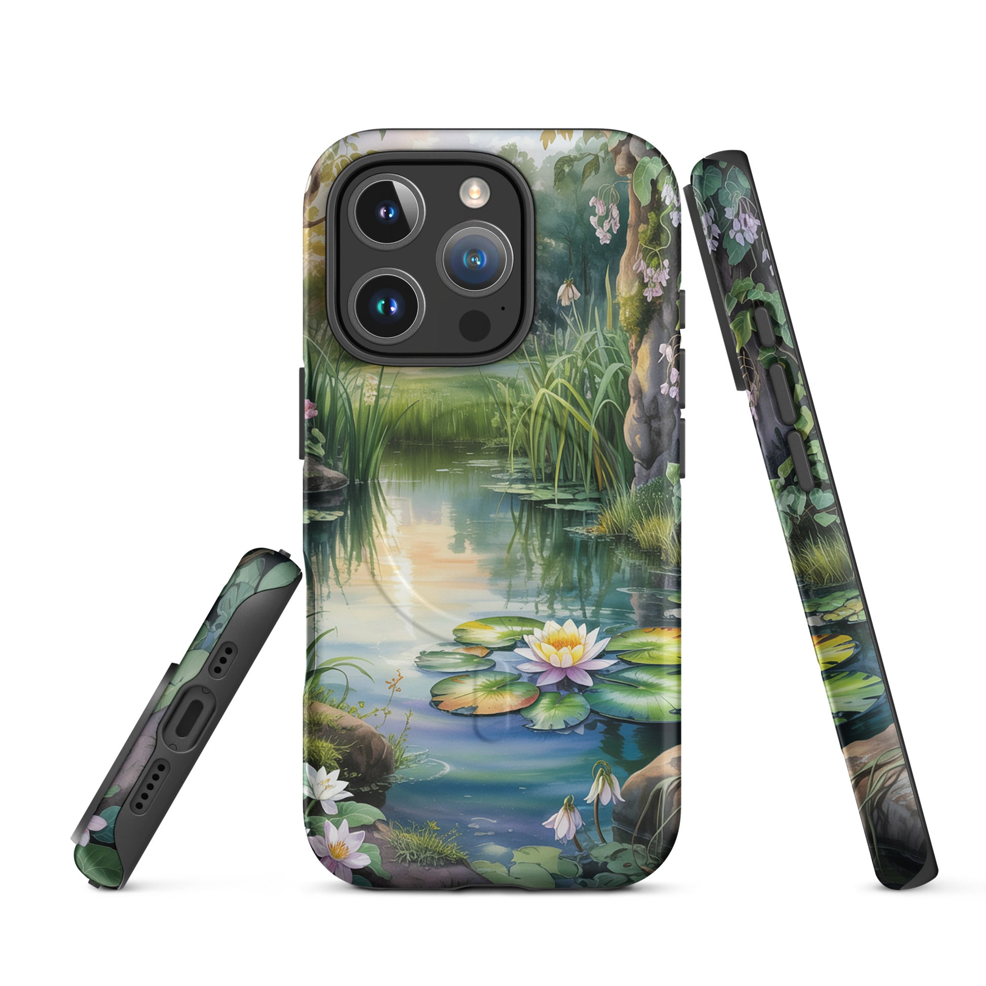 Magnetic Phone Case for iPhone with enchanted pond design featuring lily pond and wildflowers.