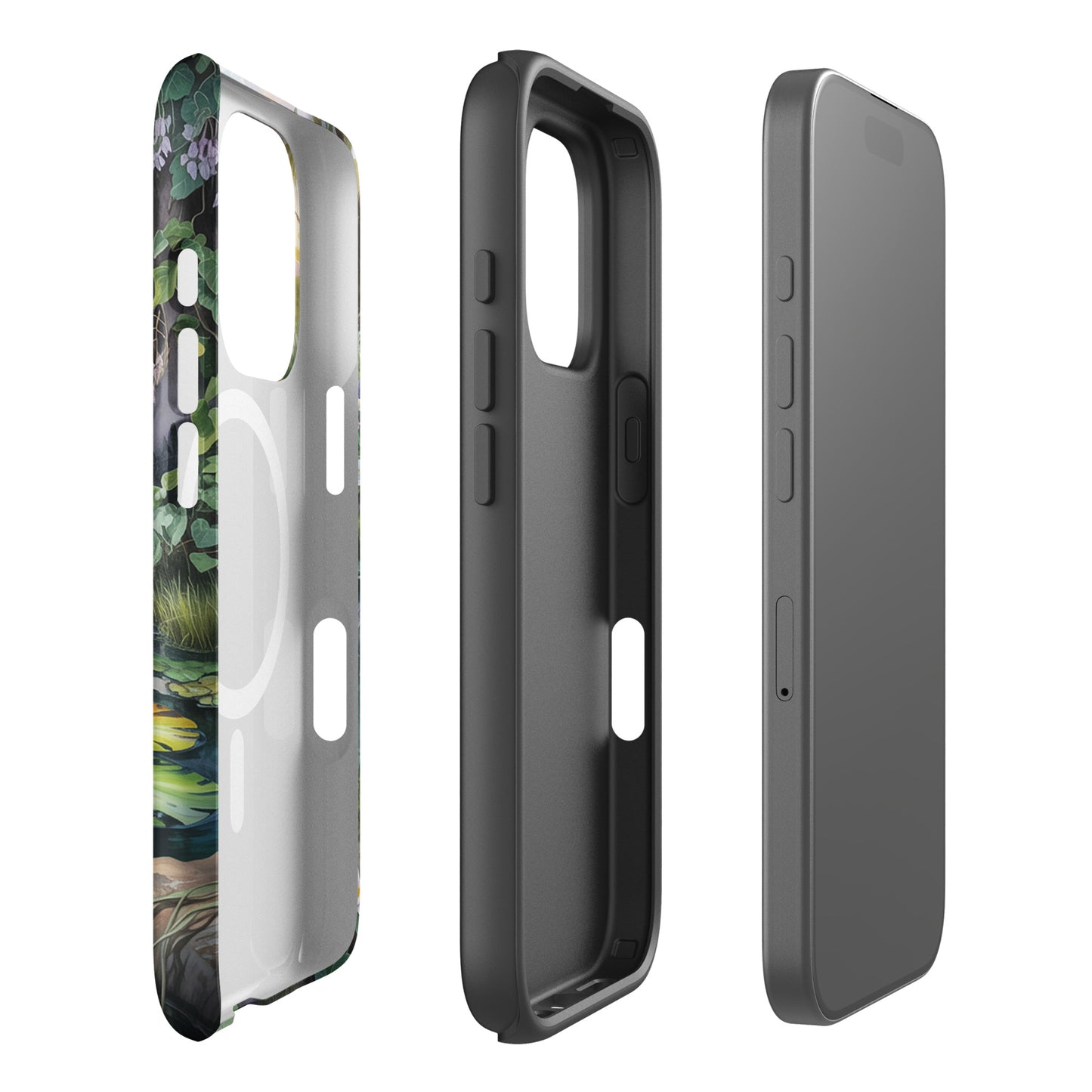 Magnetic Phone Case for iPhone featuring an enchanted pond design with lily pads and wildflowers.