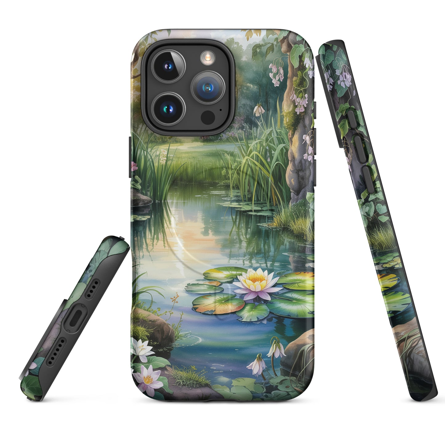 Magnetic Phone Case with Enchanted Pond design featuring lily pond and greenery for iPhone.