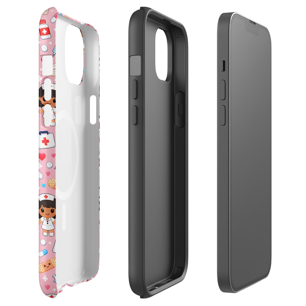 Magnetic Phone Case with kawaii nurse medical pattern for iPhone in pink, featuring cute nurse characters, stethoscopes, and medical items.