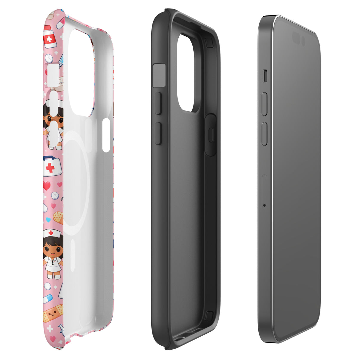 Magnetic Phone Case with kawaii nurse medical pattern for iPhone, featuring pink background and cute healthcare-themed designs.