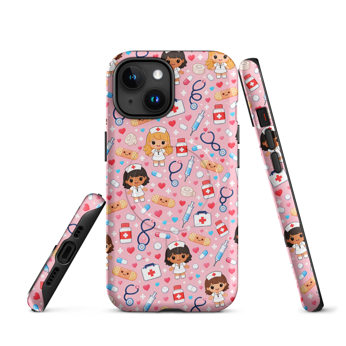 Magnetic Phone Case for iPhone with kawaii nurse medical pattern on pink background, featuring stethoscopes, bandages, and first aid kits.