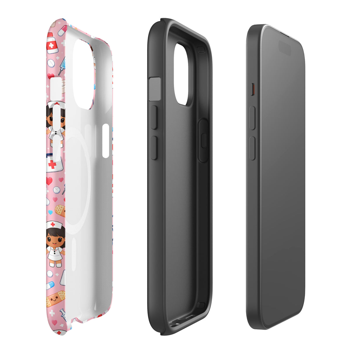 Magnetic Phone Case with kawaii nurse pattern for iPhone, featuring cute medical themes on a pink background.