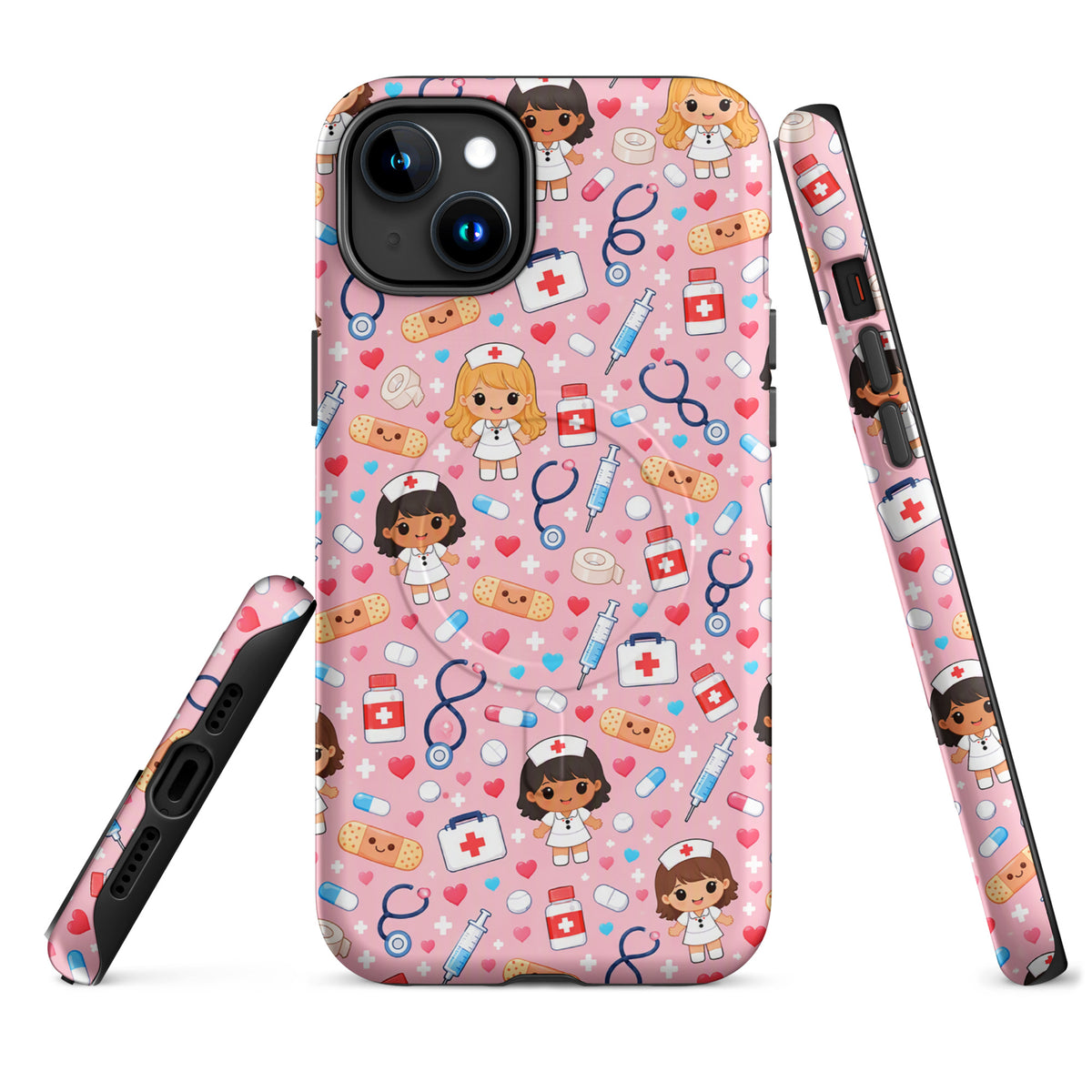 Magnetic Phone Case with kawaii nurse pattern for iPhone, featuring pink background with medical symbols and cute nurse characters.