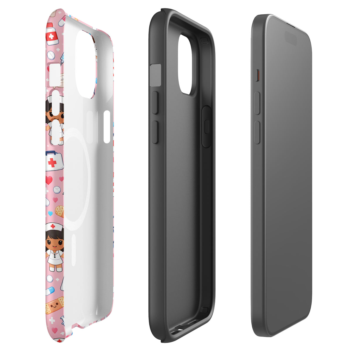 Magnetic Phone Case for iPhone with kawaii nurse medical pattern on pink background featuring cute nurses and medical icons.