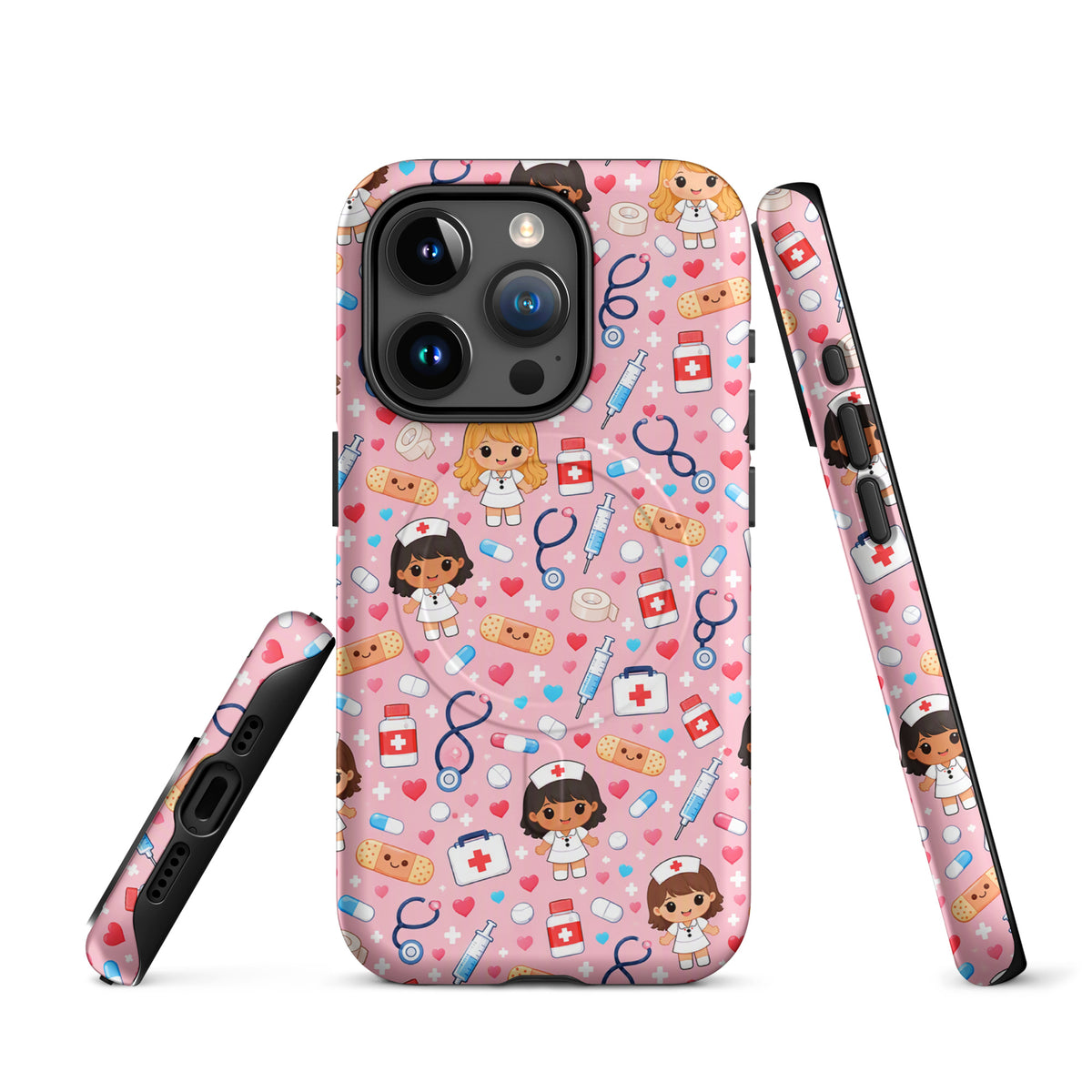 Magnetic Phone Case for iPhone with kawaii nurse medical pattern, featuring nurses, stethoscopes, and bandages on a pink background.
